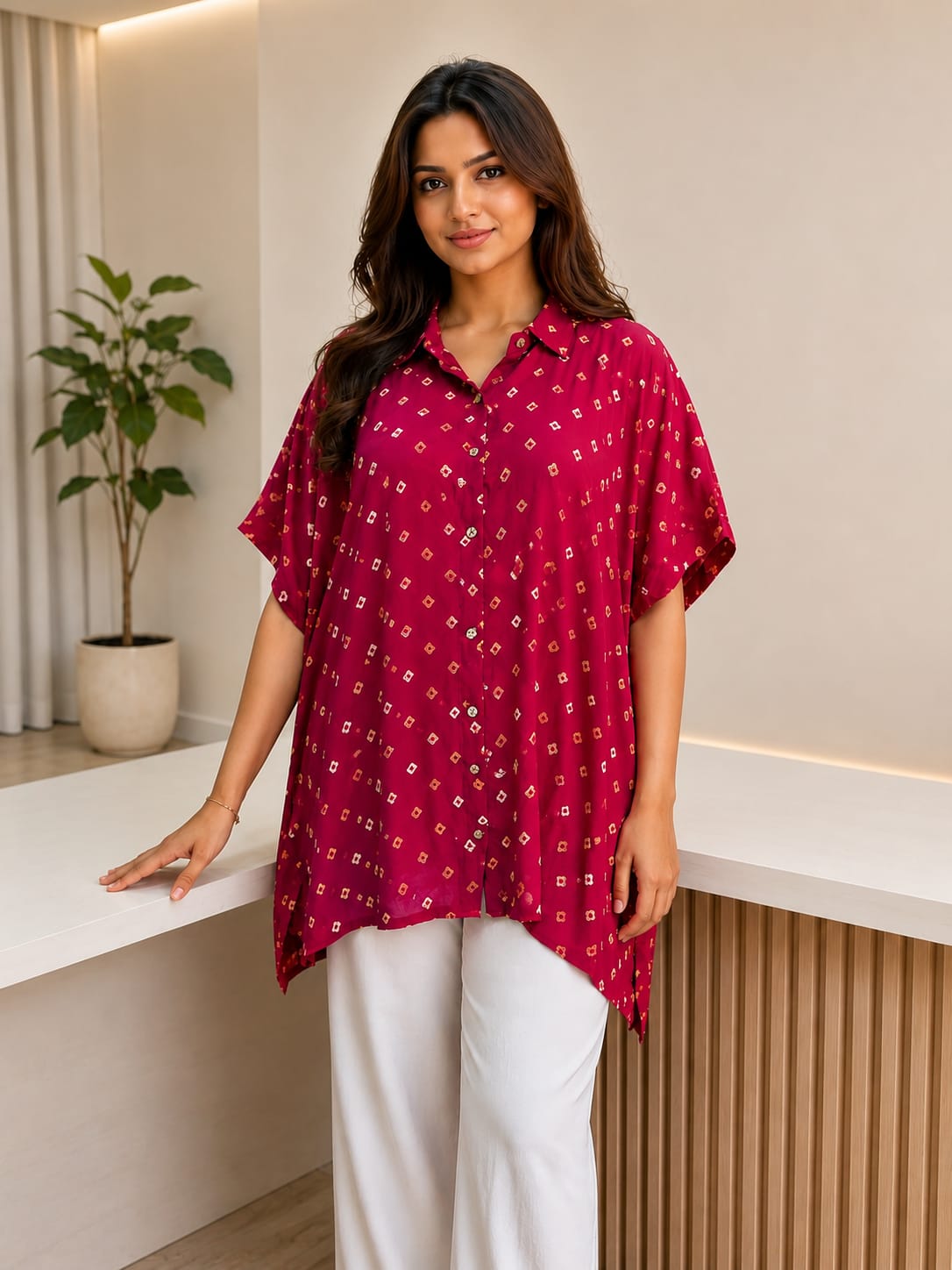 Modal Silk Bandhej Kaftan Shirt