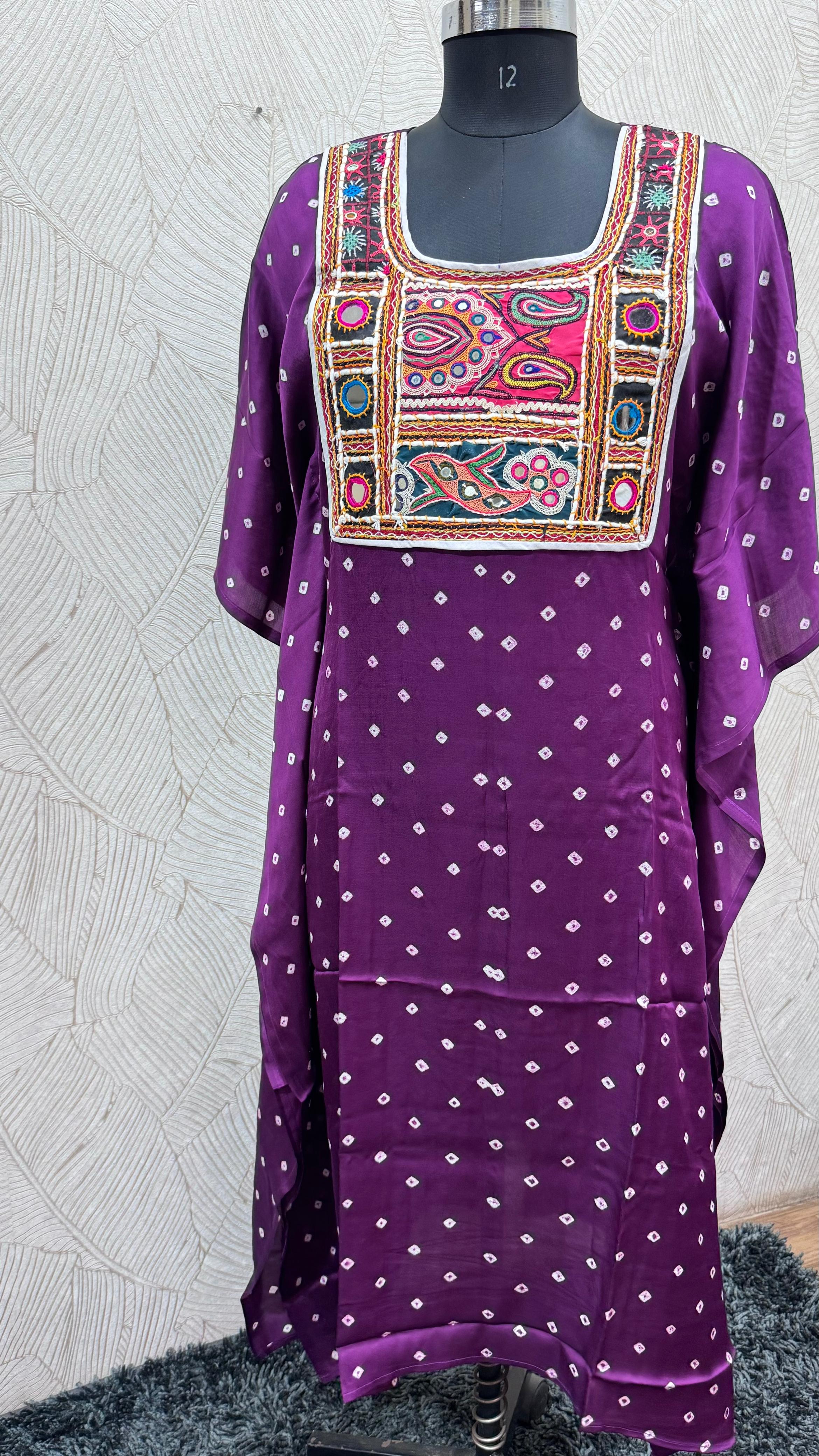 Modal Silk Bandhej Vintage patch Kaftan