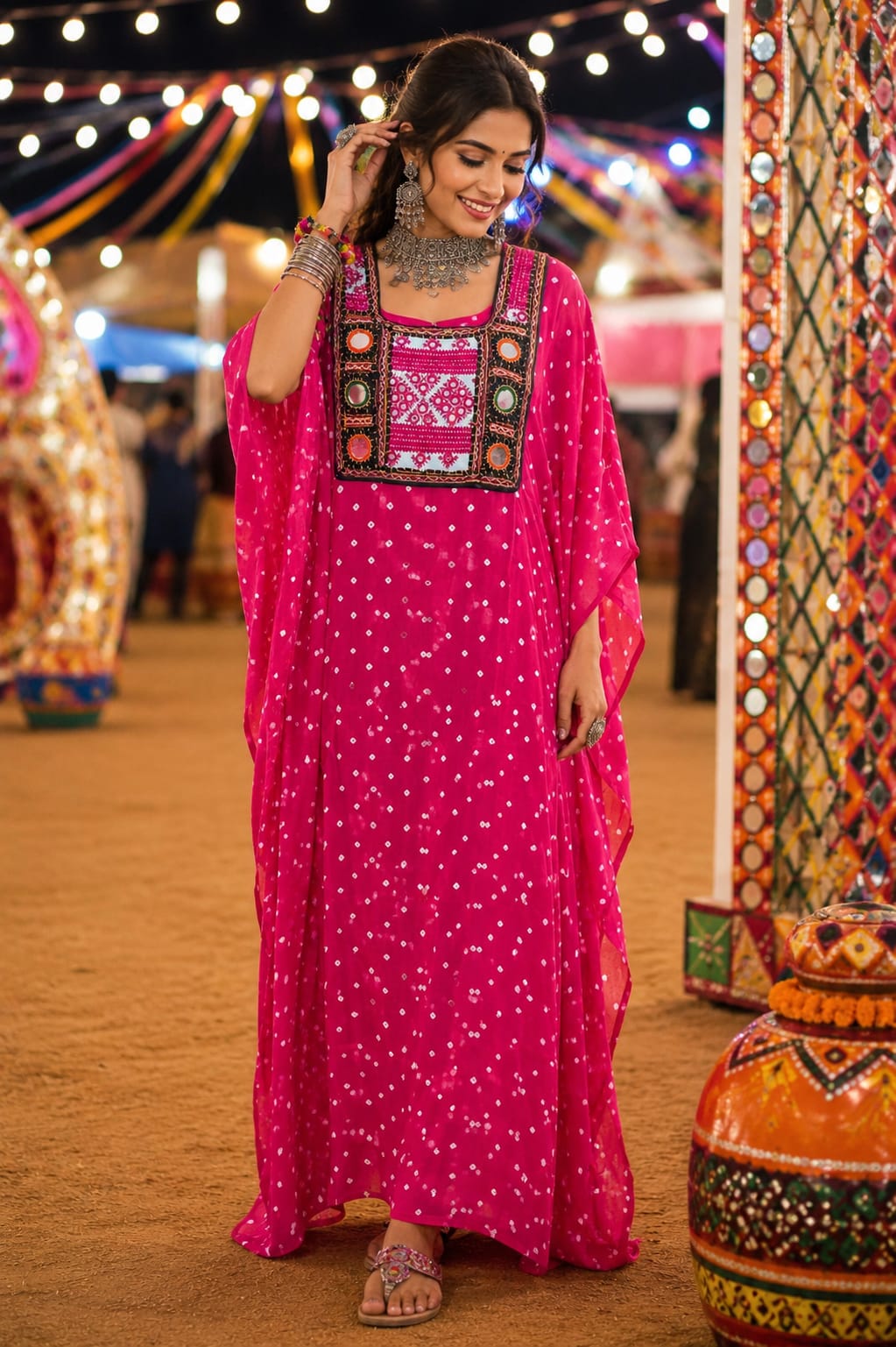 Modal Silk Bandhej Vintage patch Kaftan