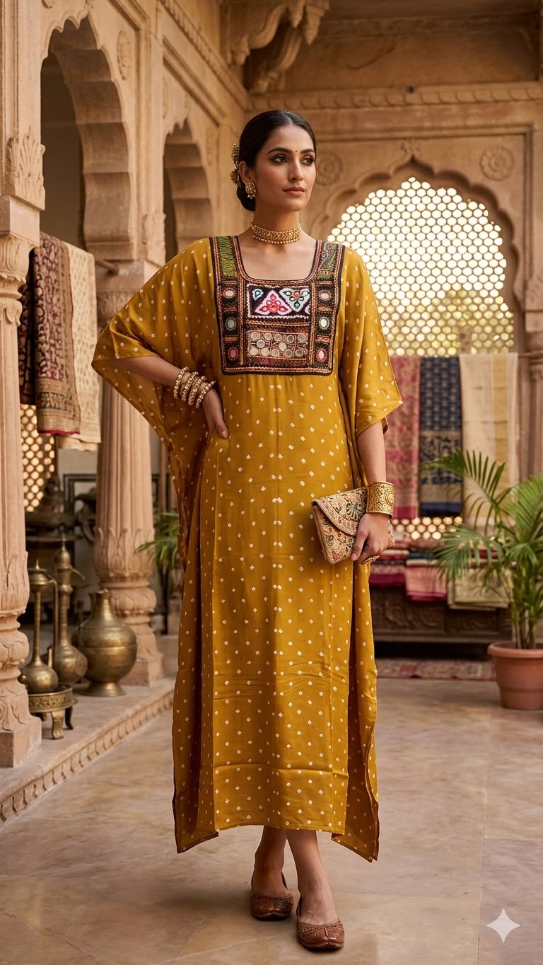 Modal Silk Bandhej Vintage patch Kaftan