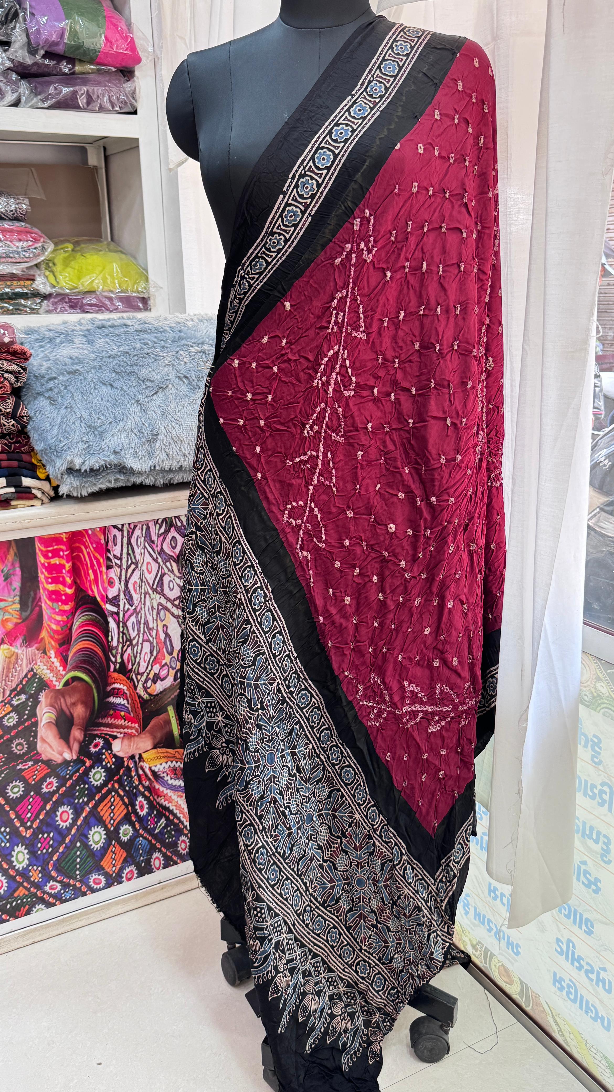 Close up of Pure modal silk bandhej with ajrakh dupatta - Kutch Poshak