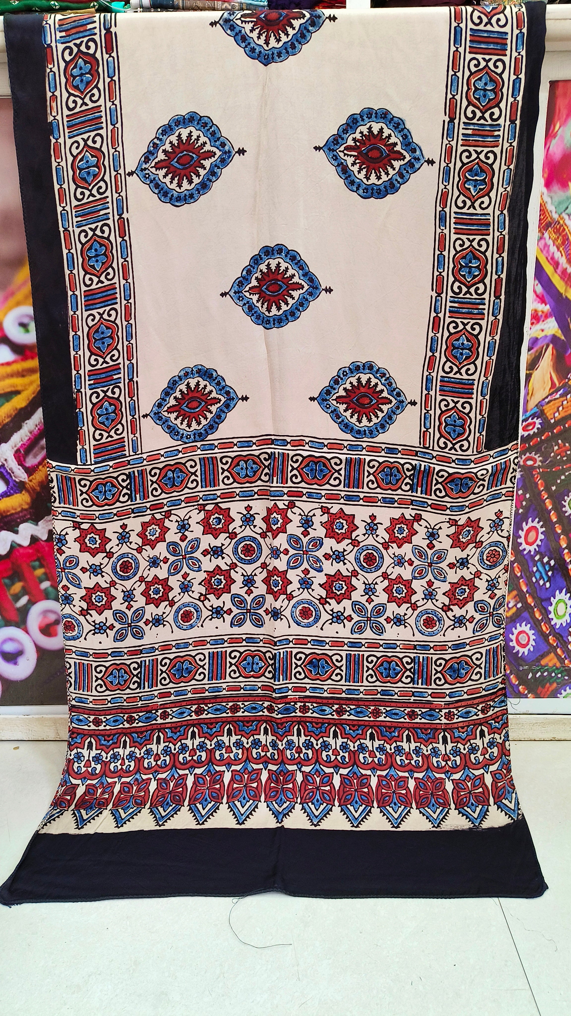 Close up of Pure Modal Silk Ajrakh Stole - Kutch Poshak
