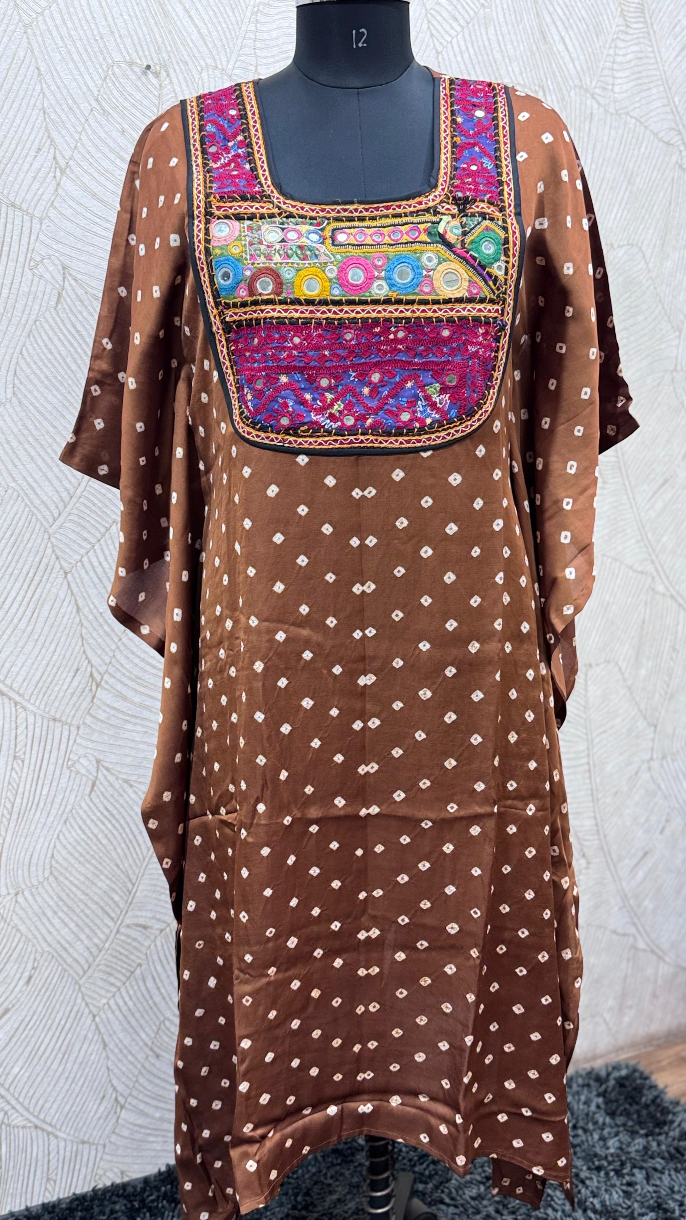 Modal Silk Bandhej Vintage patch Kaftan