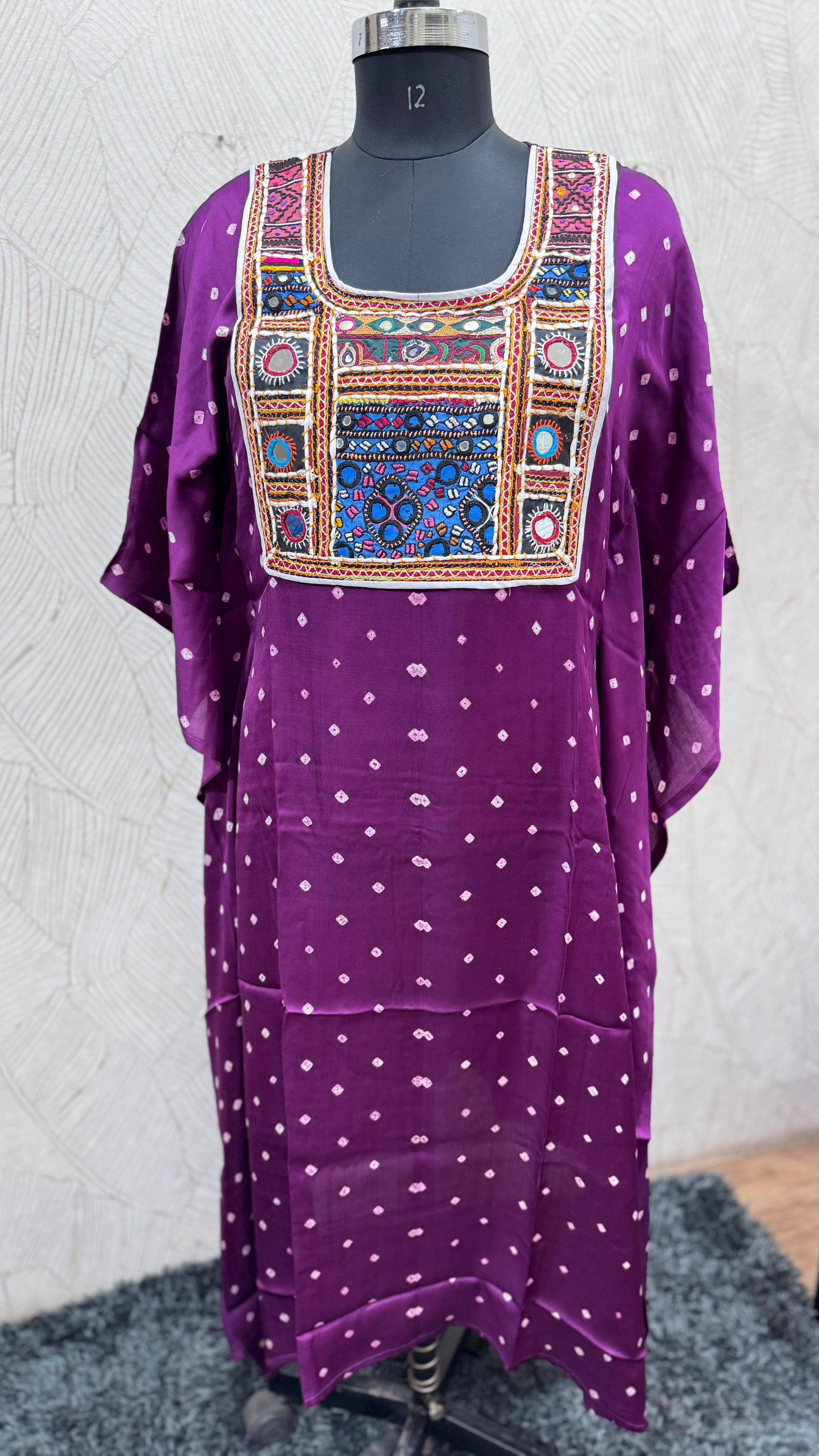 Modal Silk Bandhej Vintage patch Kaftan