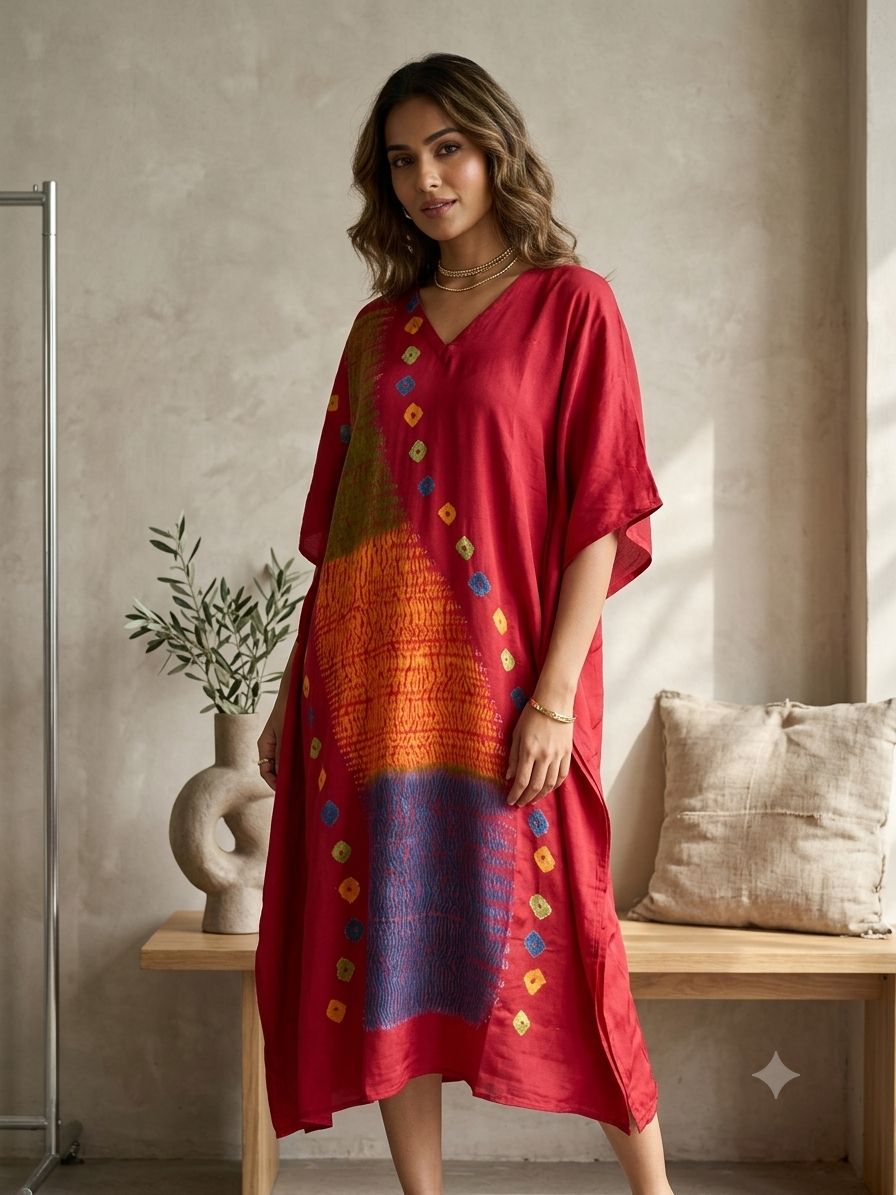 Multi Shibori V-neck Kaftan