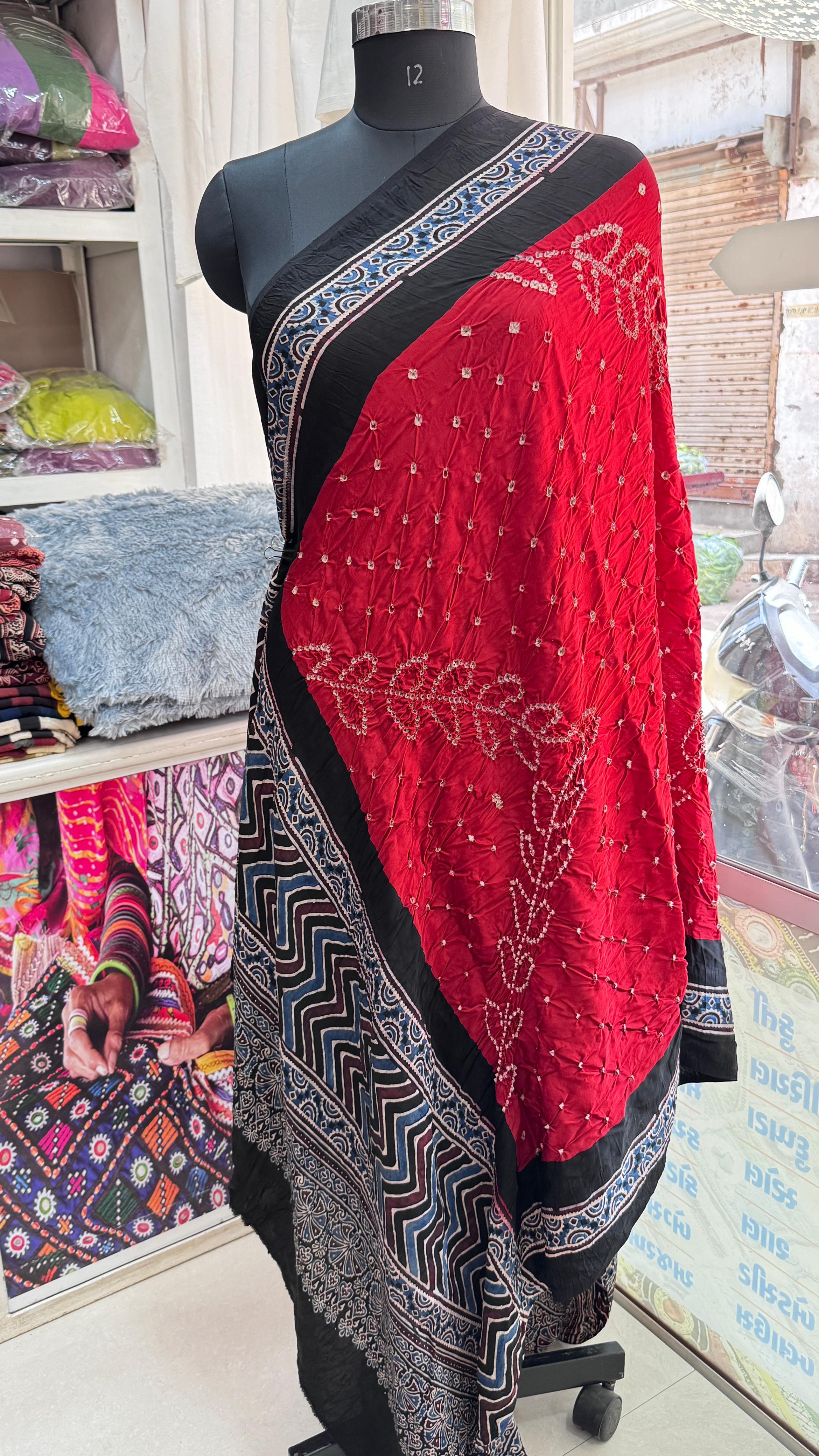 Kutch Poshak exclusive Pure modal silk bandhej with ajrakh dupatta