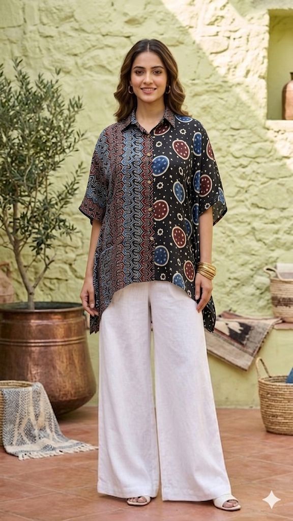 Modal Silk Kaftan Shirt (half & half design) by Kutch Poshak