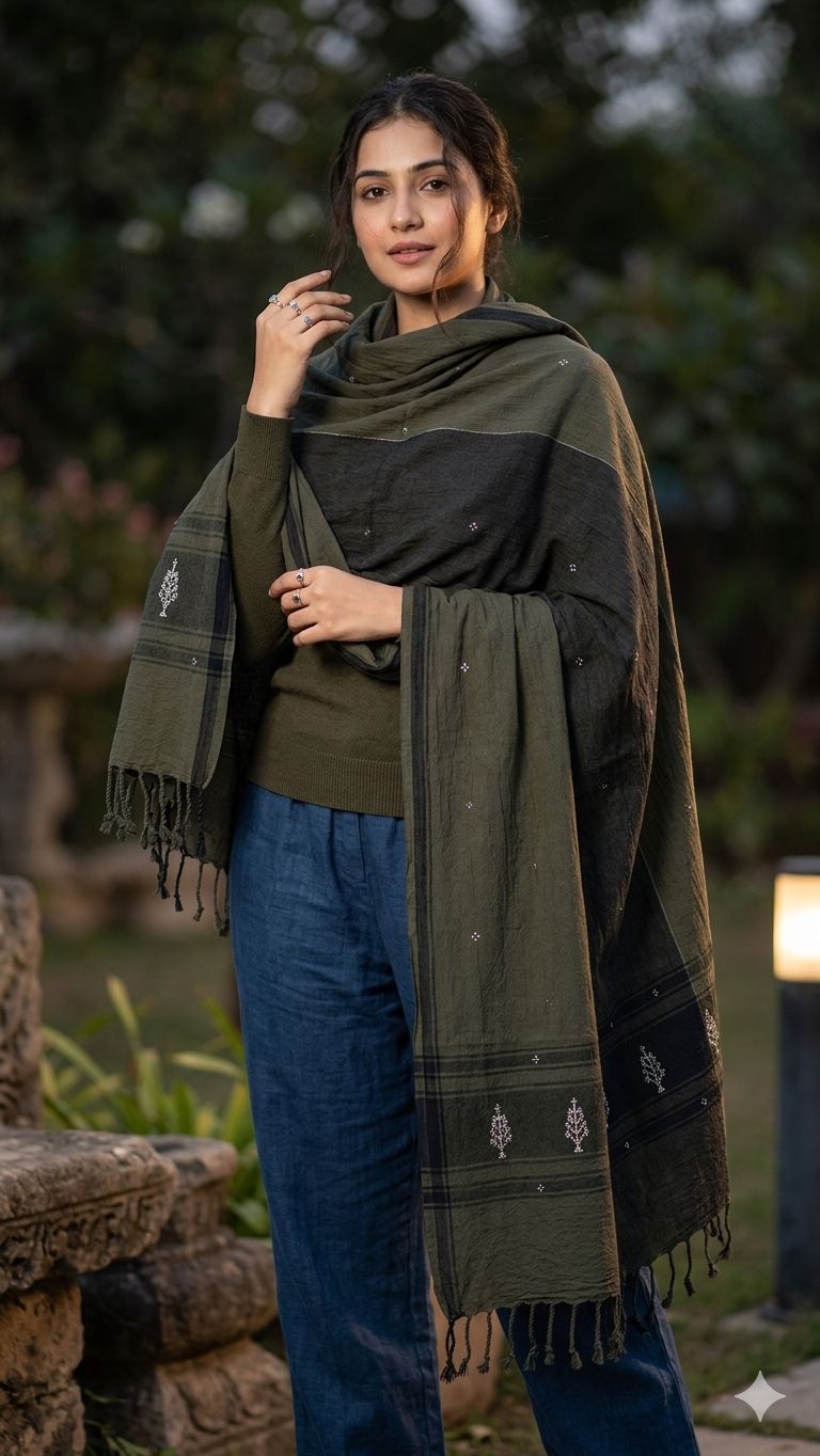 Black, Green, Geometric Tangalia Hand Work Bhujodi Handwoven Dupatta from Kutch Poshak