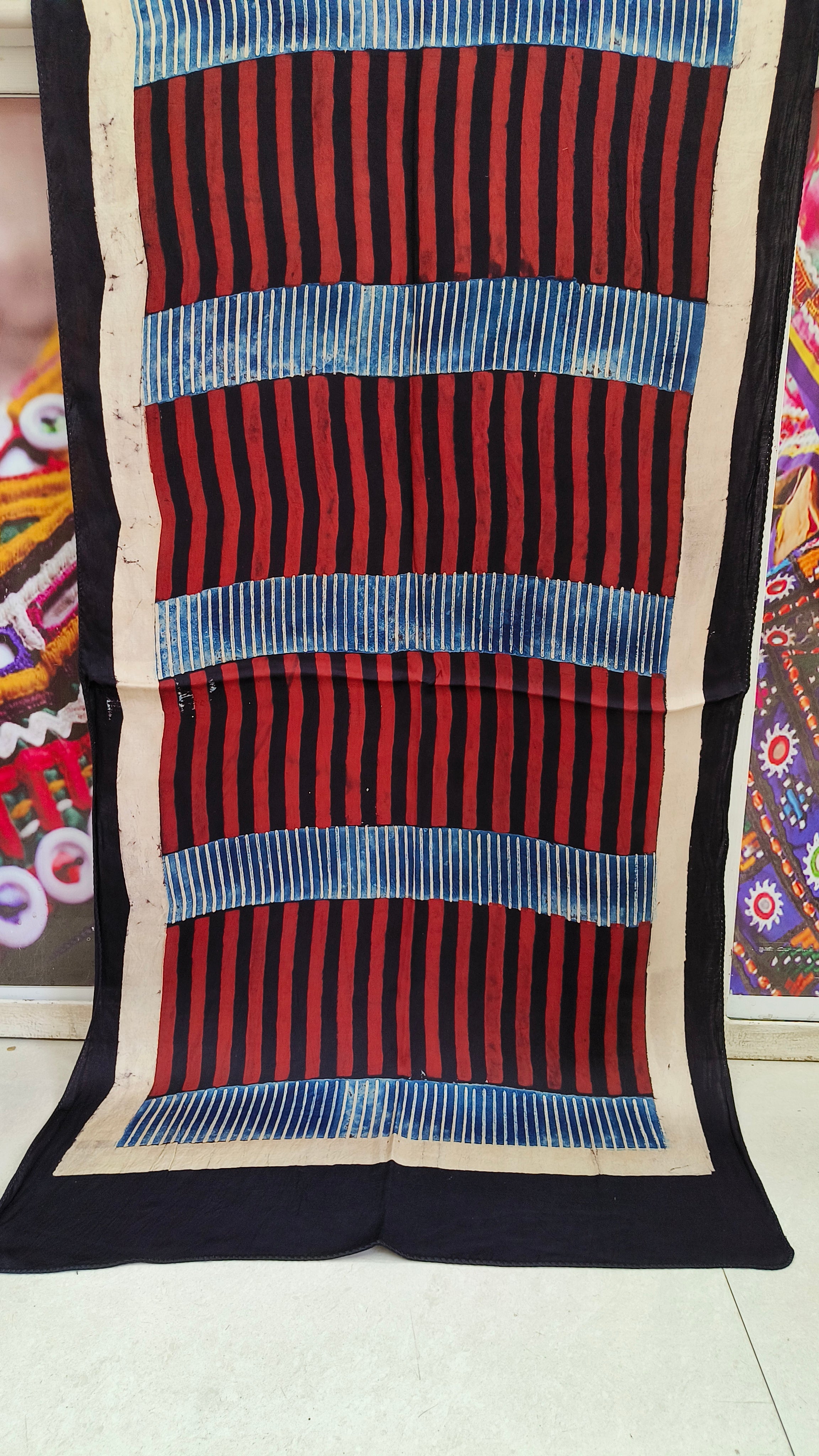 Black Pure Modal Silk Ajrakh Stole from Kutch Poshak