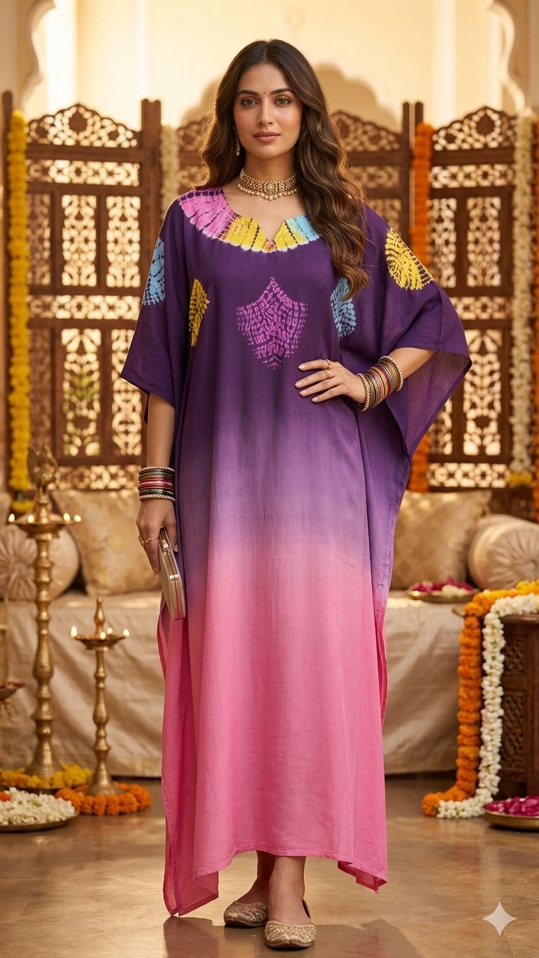 Beautiful Pure modal silk multi stitched shibori kaftan (dual shade) showcasing premium design - Kutch Poshak