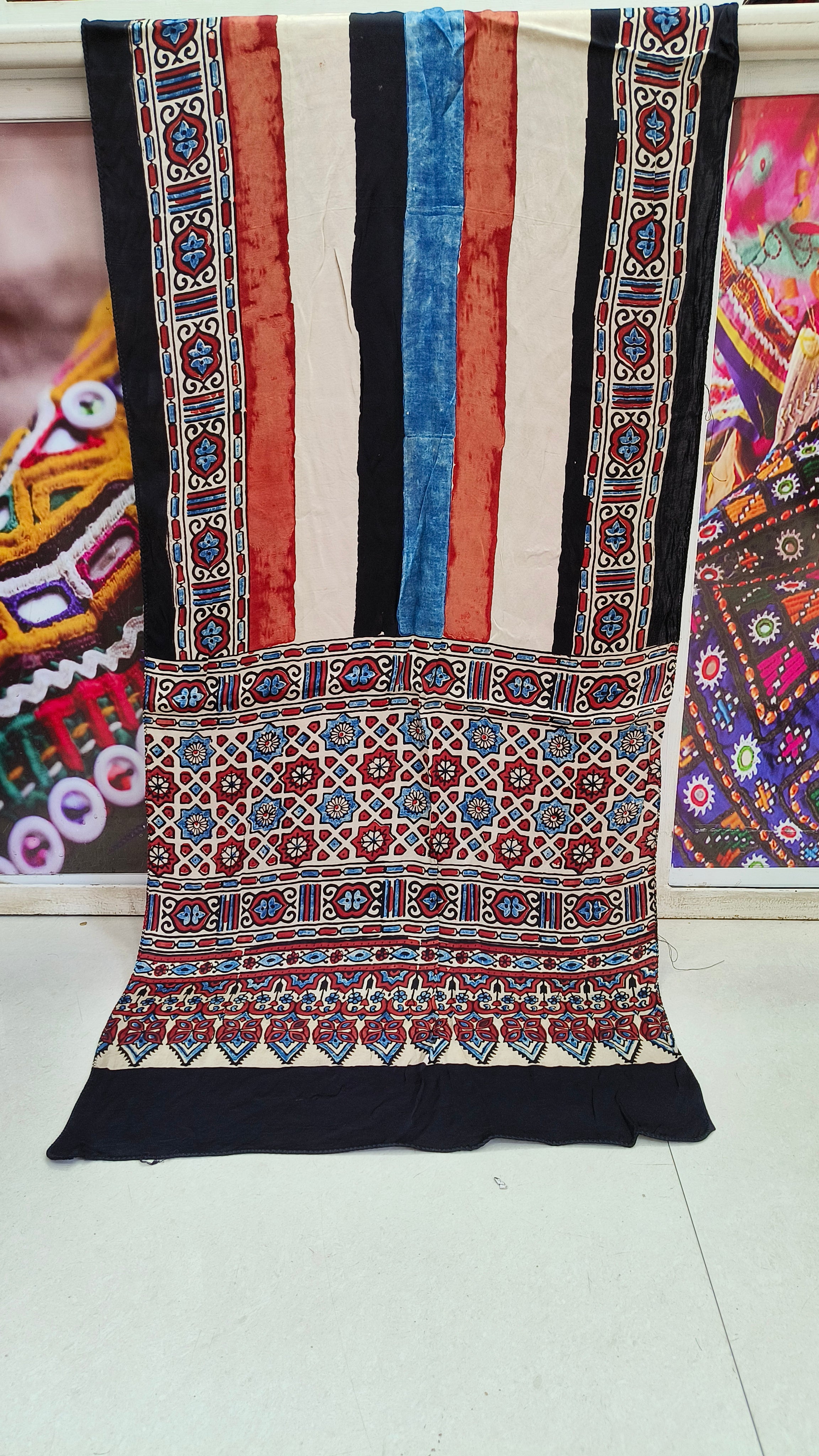 Ivory Pure Modal Silk Ajrakh Stole from Kutch Poshak