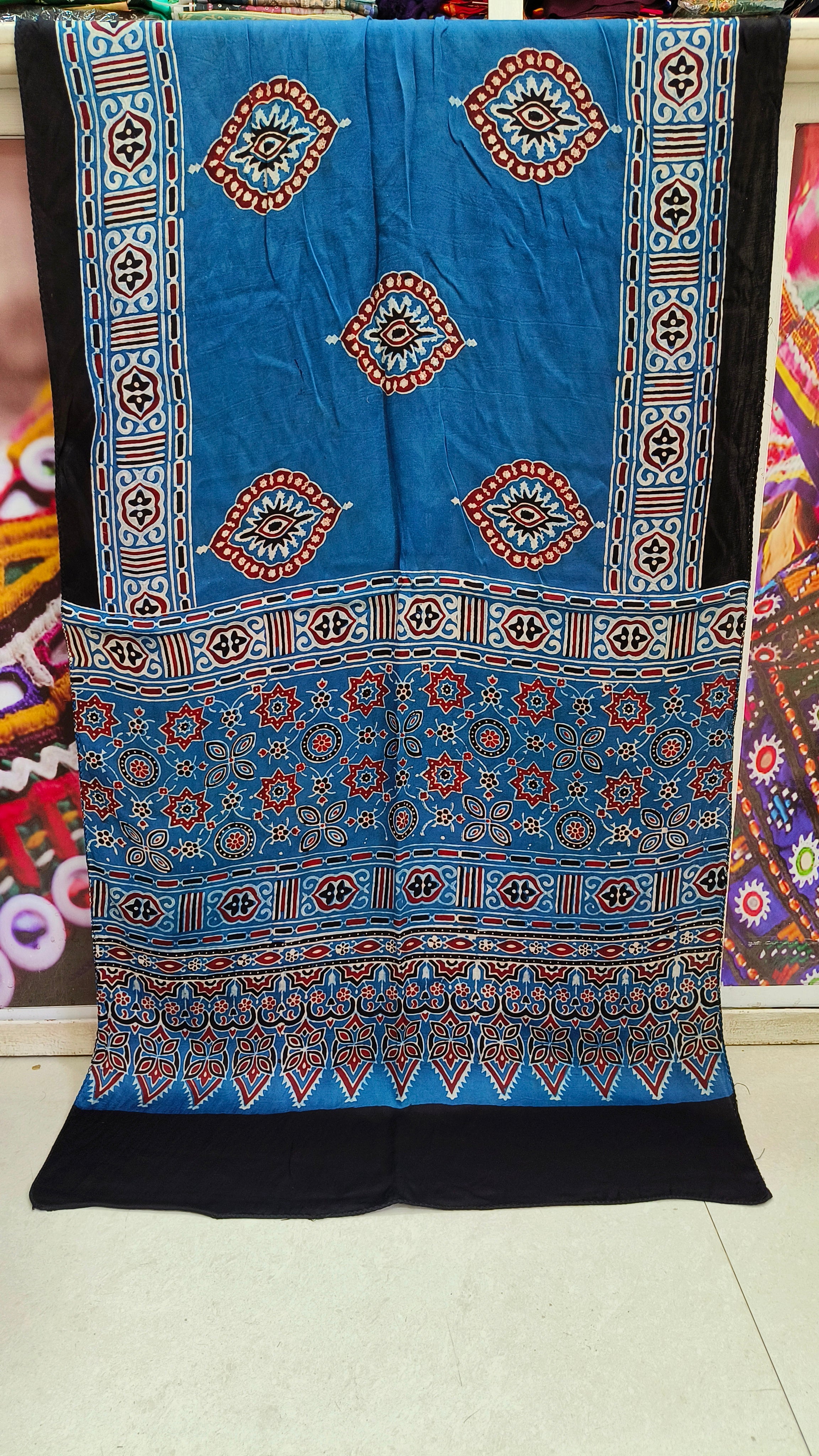 Close up of Pure Modal Silk Ajrakh Stole - Kutch Poshak