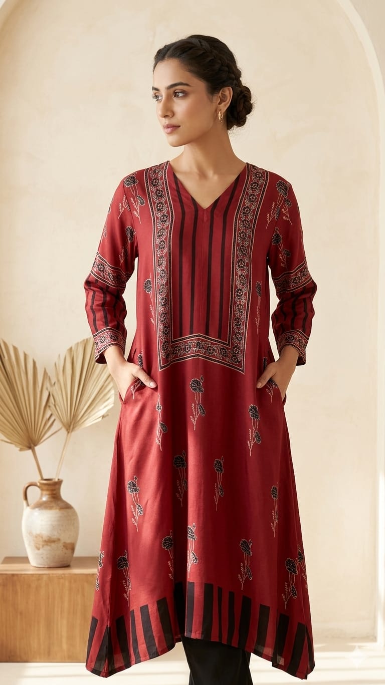 Red Rust Pure modal silk designer ajrakh handblock kurti from Kutch Poshak