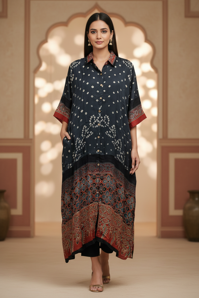 Bandhej×Ajrakh Long Shirt Kaftan