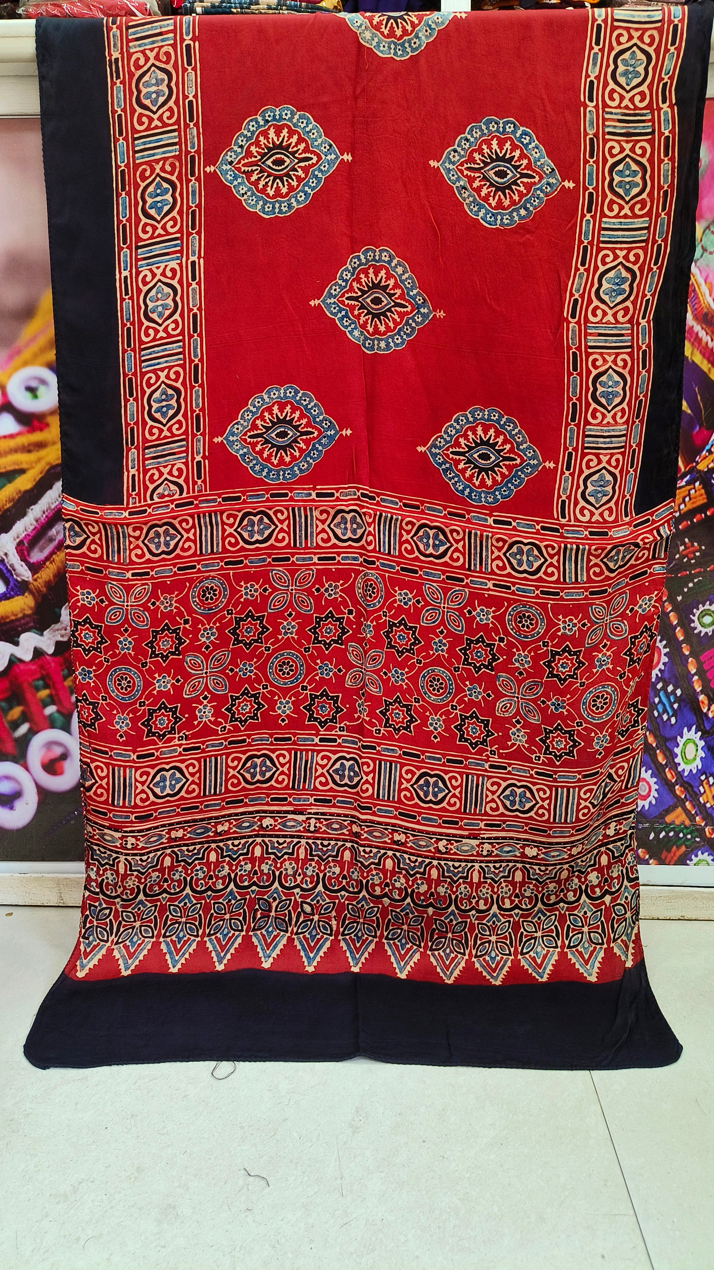 Close up of Pure Modal Silk Ajrakh Stole - Kutch Poshak