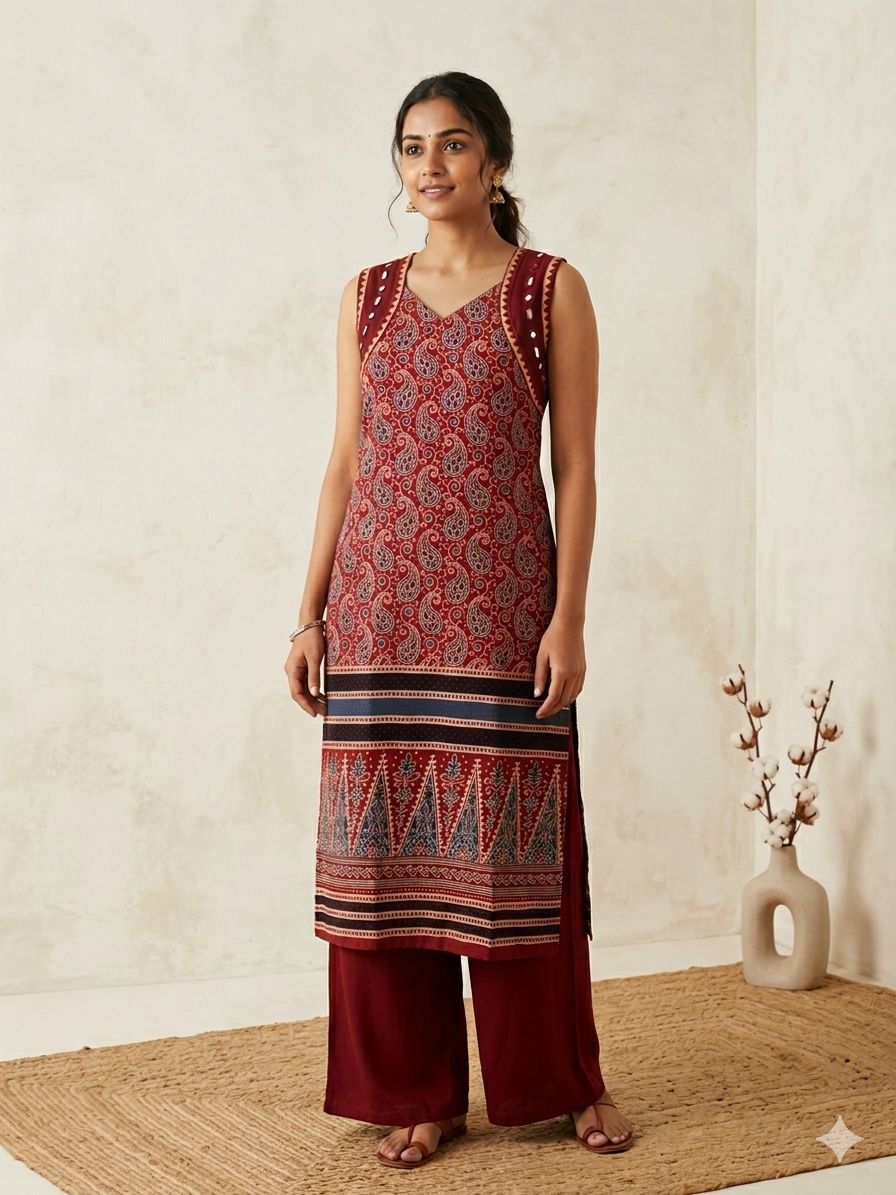 Cotton Ajrakh Sleeveless Kurta