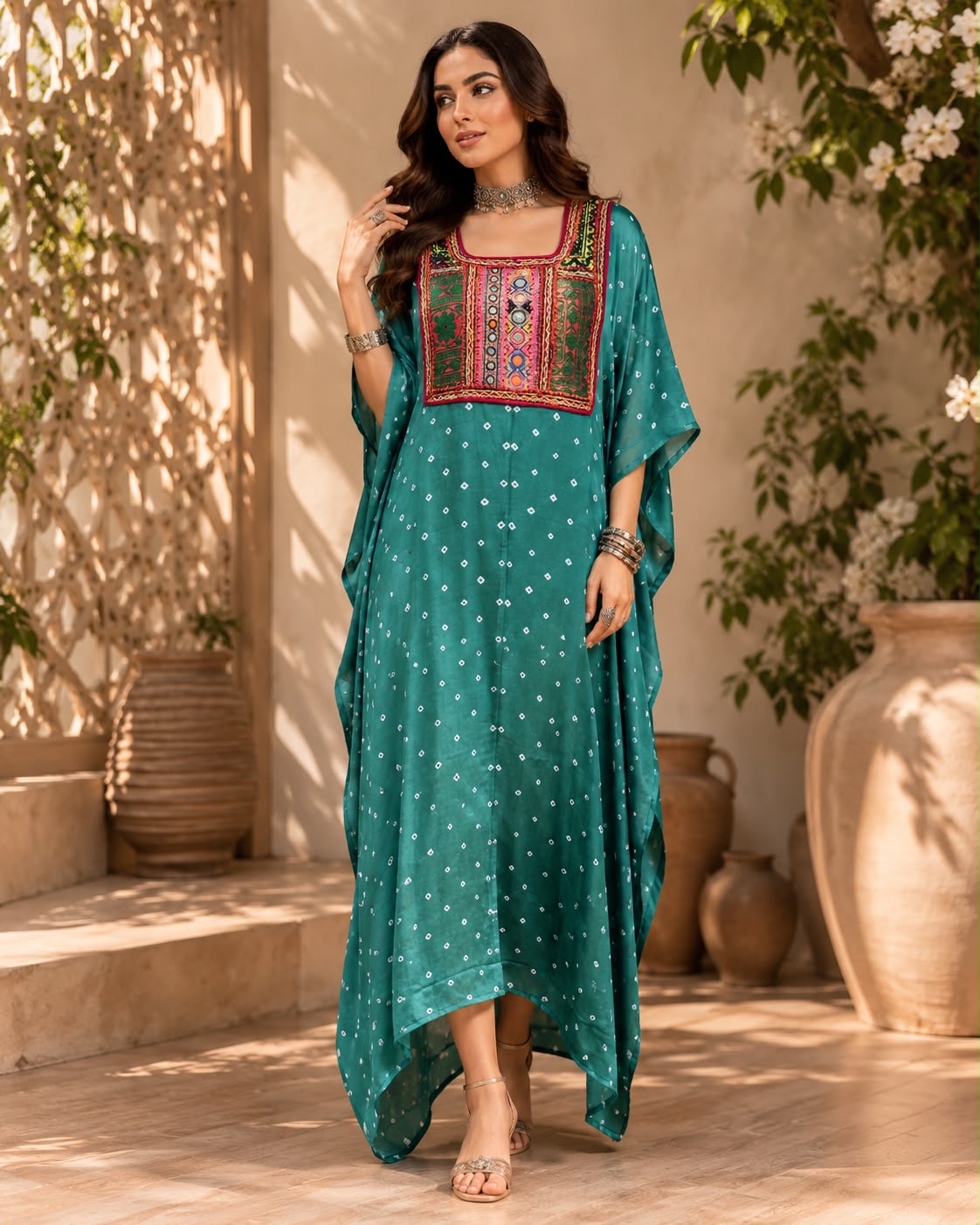 Modal Silk Bandhej Vintage patch Kaftan