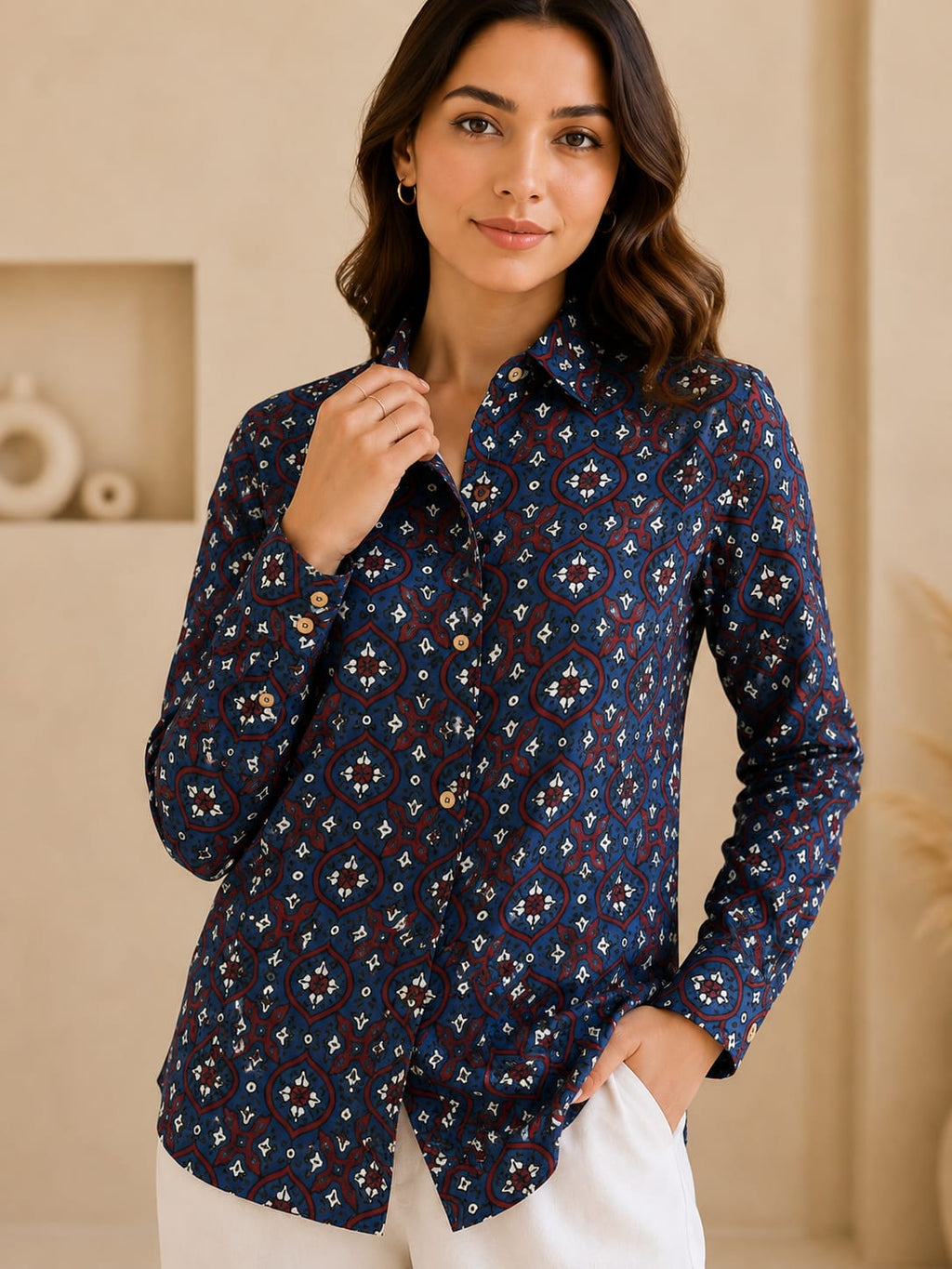 Black, Blue, Beige, Red, Green, Yellow Pure Natural Ajrakh Full Sleeve Shirts from Kutch Poshak