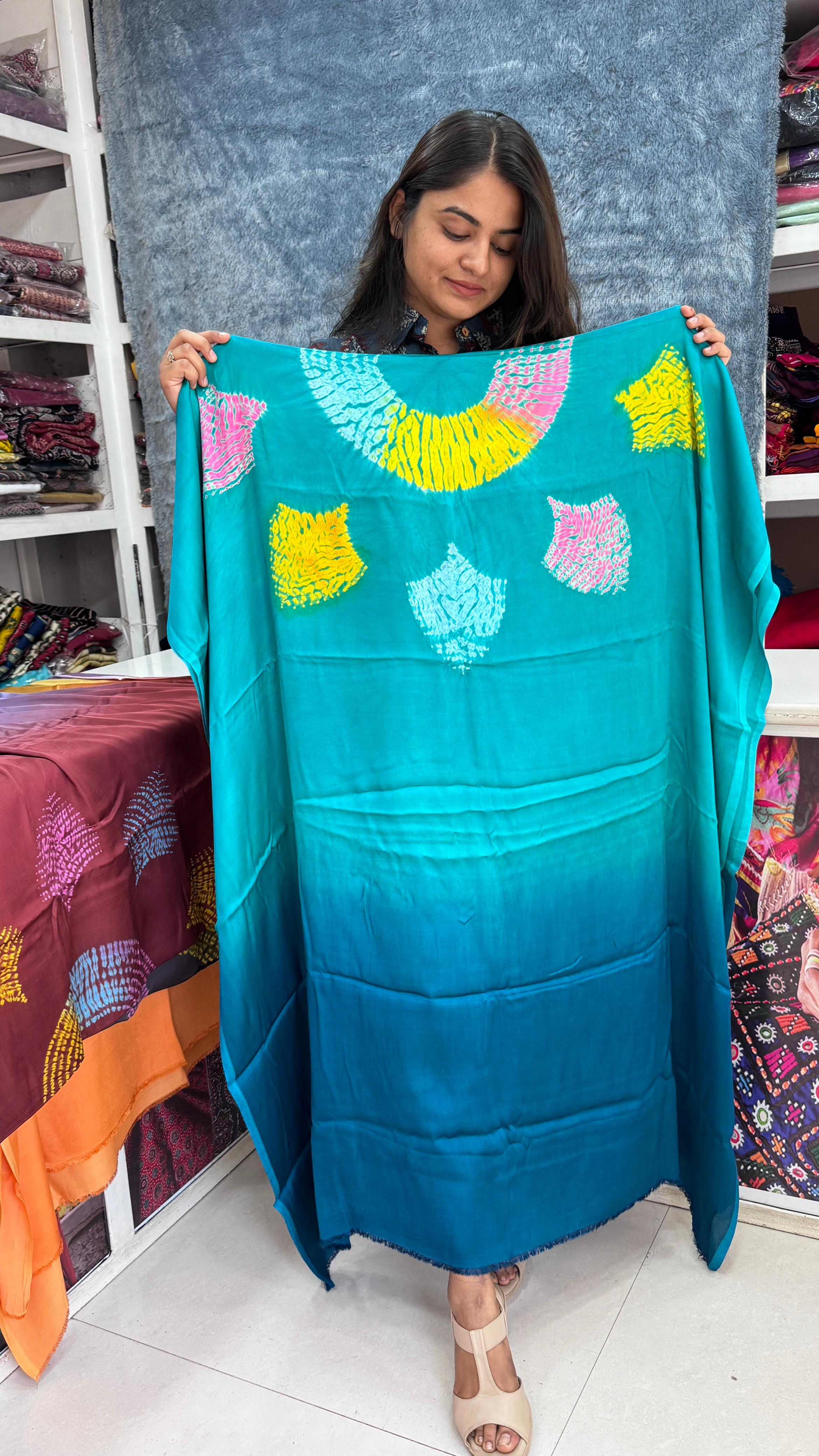 Kutch Poshak exclusive Modal Silk Multi Shibori Unstitched Kaftan Top Fabric