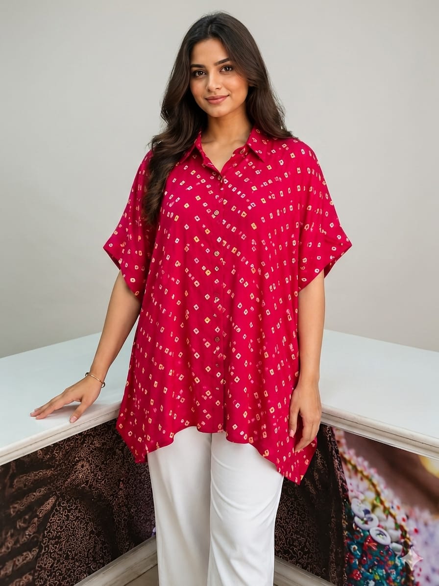 Modal Silk Bandhej Kaftan Shirt