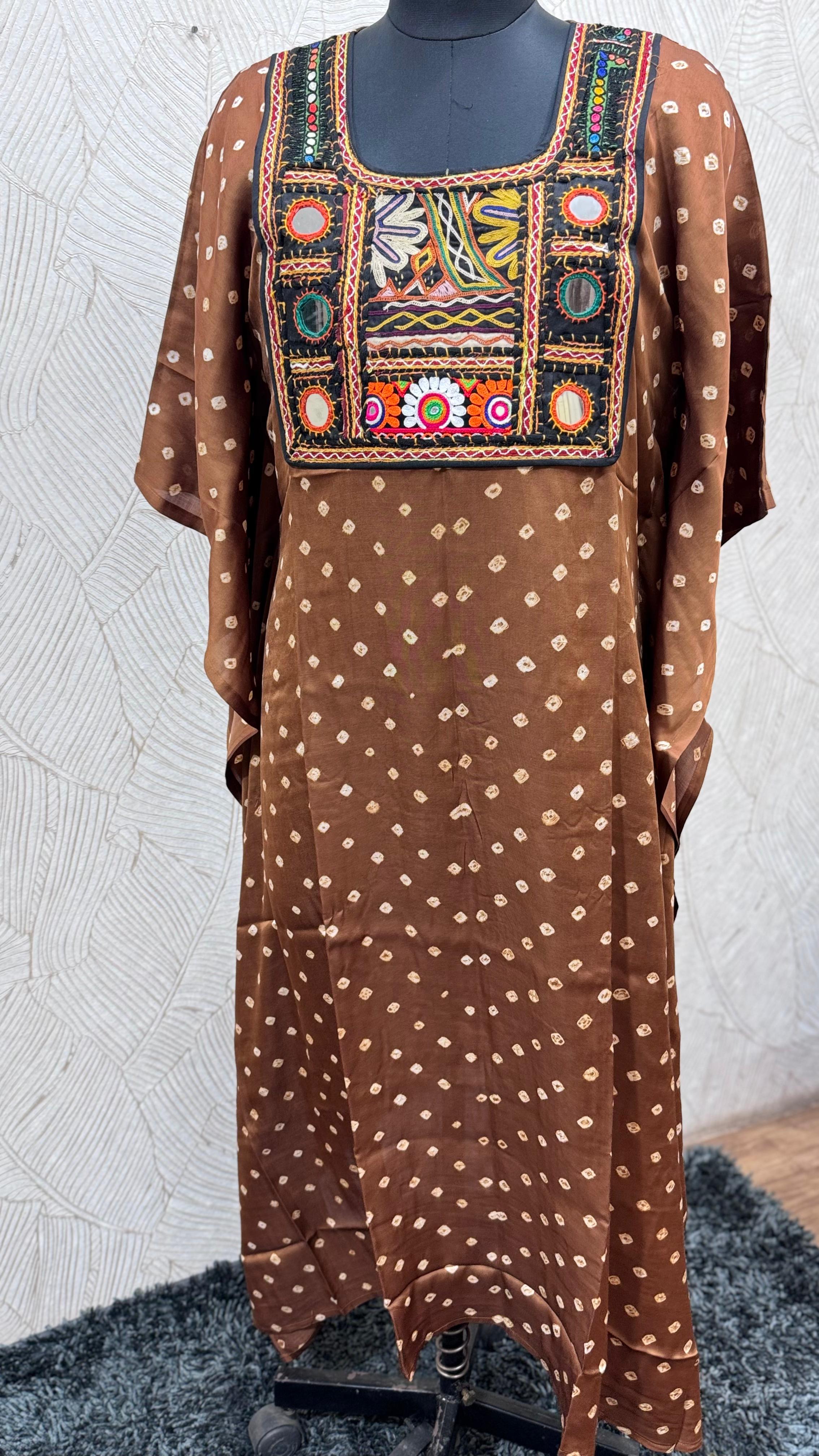 Modal Silk Bandhej Vintage patch Kaftan
