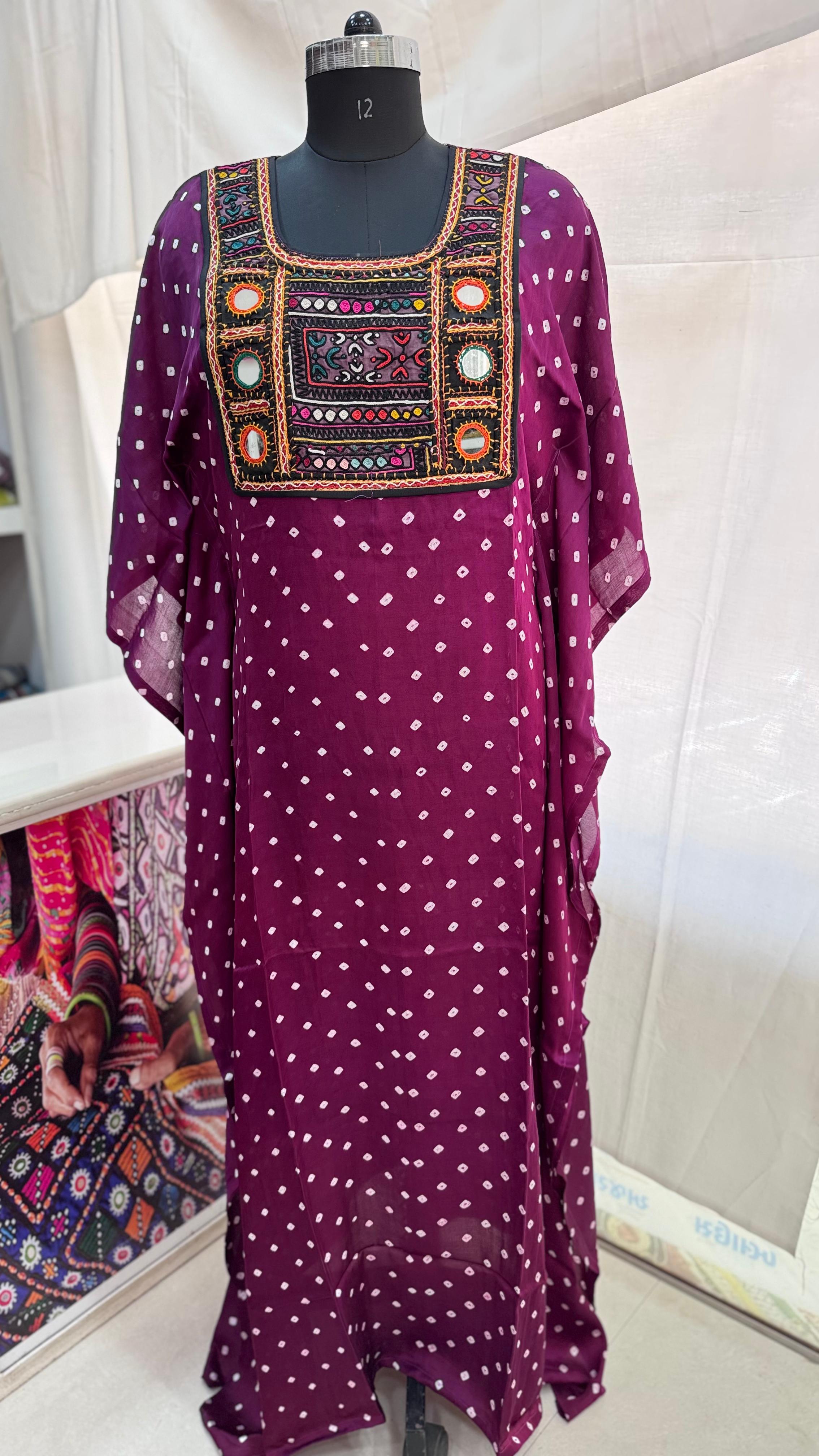 Modal Silk Bandhej Vintage patch Kaftan