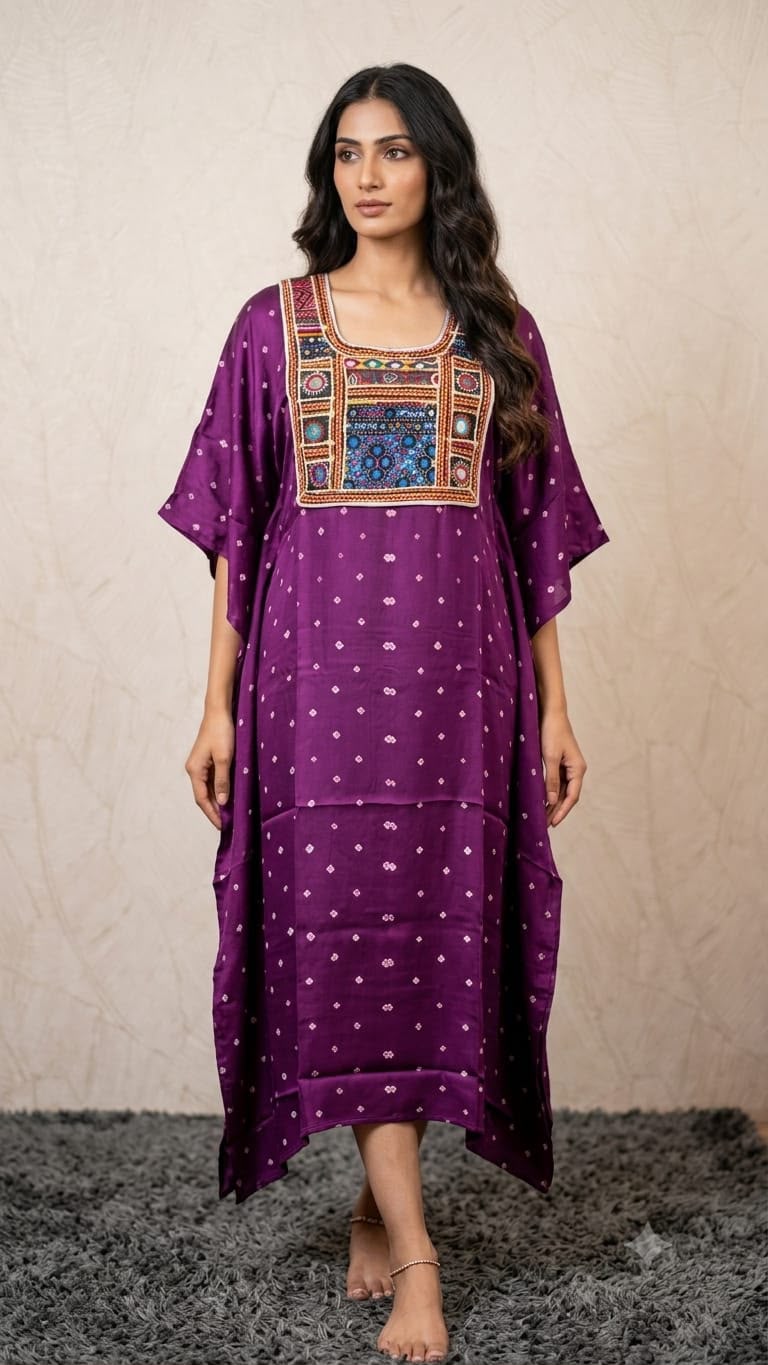 Modal Silk Bandhej Vintage patch Kaftan