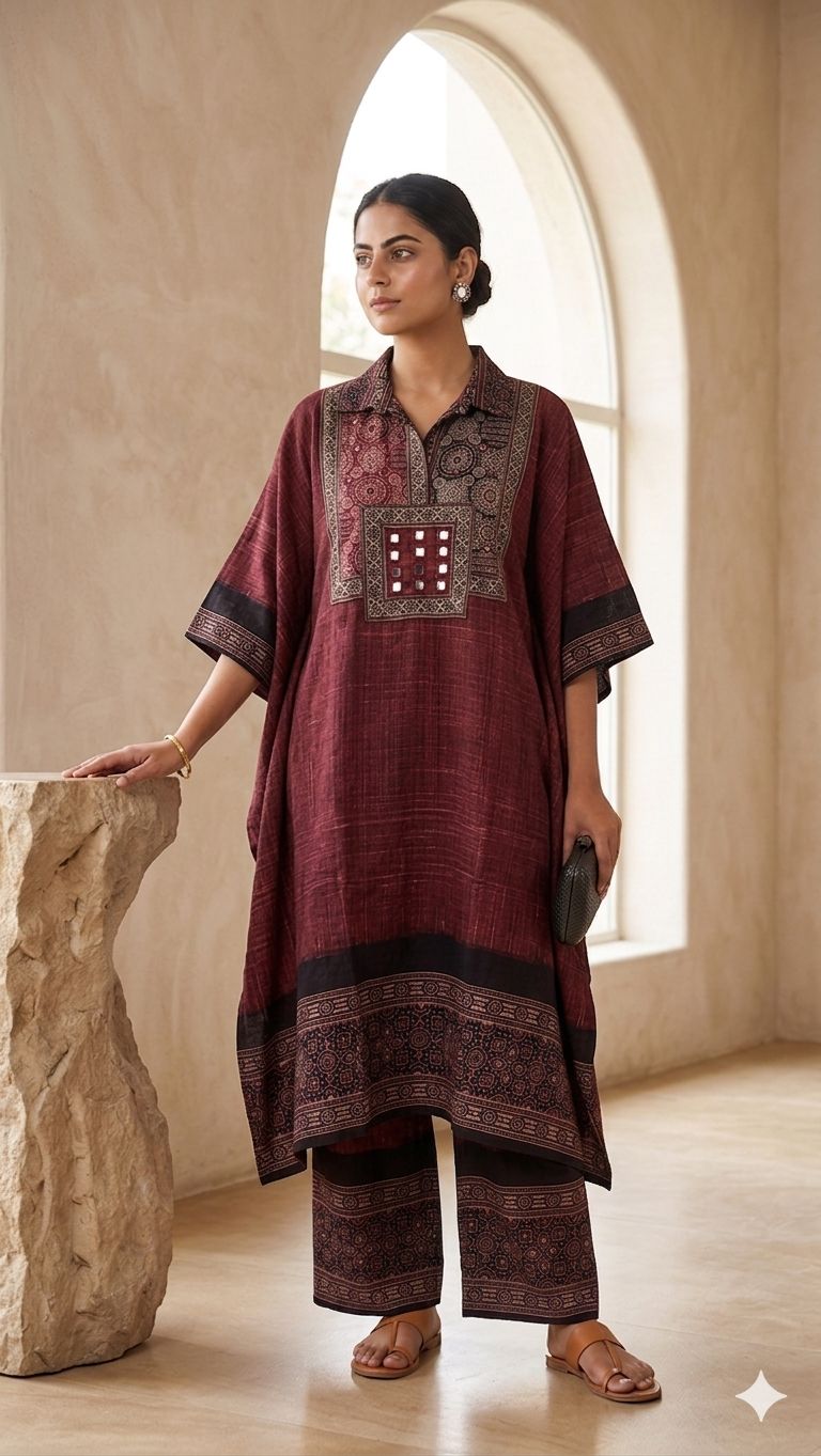 Close up of Brush print kaftan Co-Ord set - Kutch Poshak