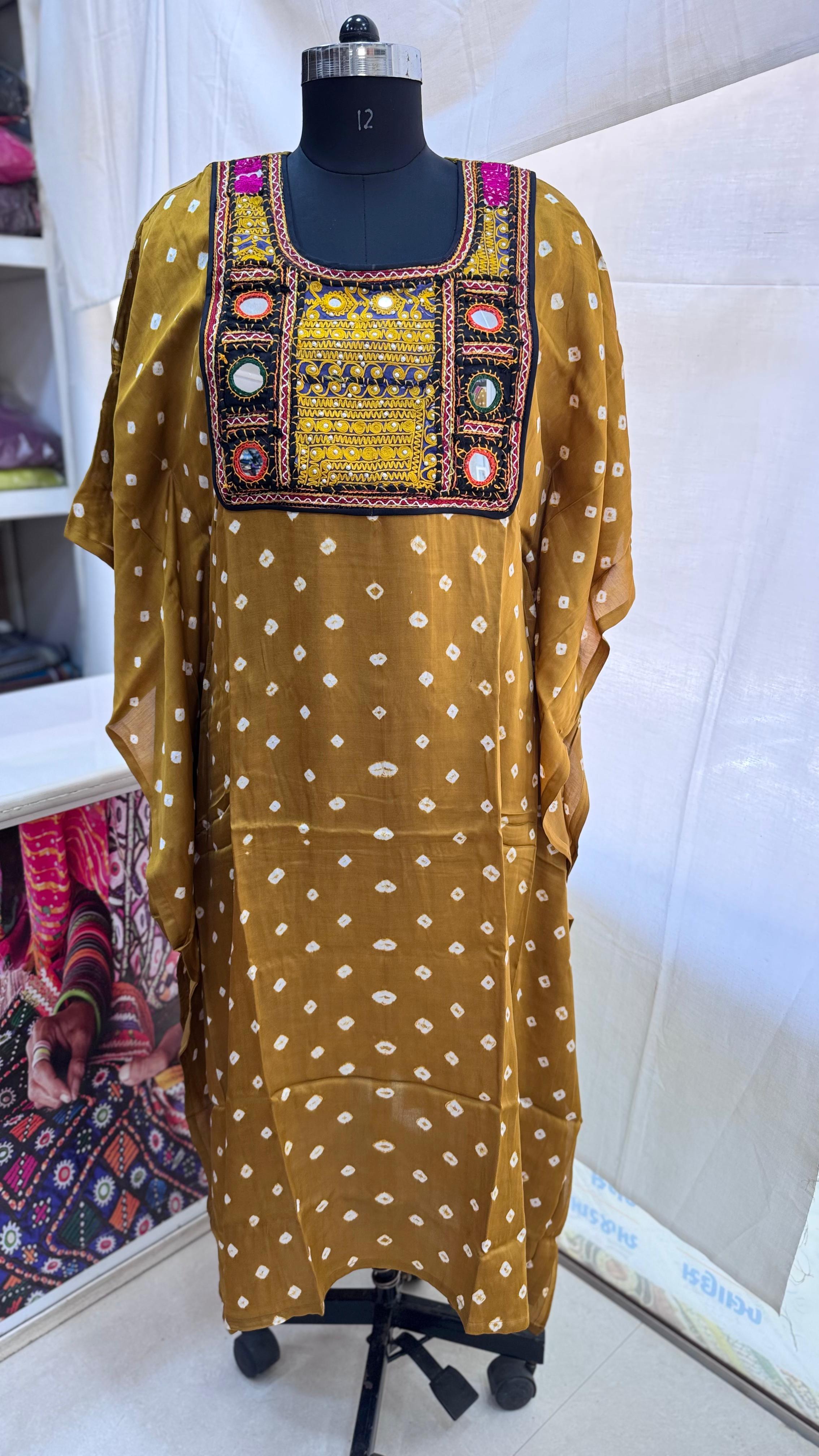 Modal Silk Bandhej Vintage patch Kaftan