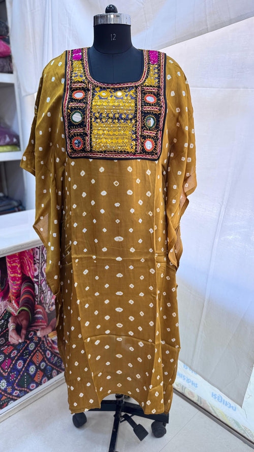 Modal Silk Bandhej Vintage patch Kaftan