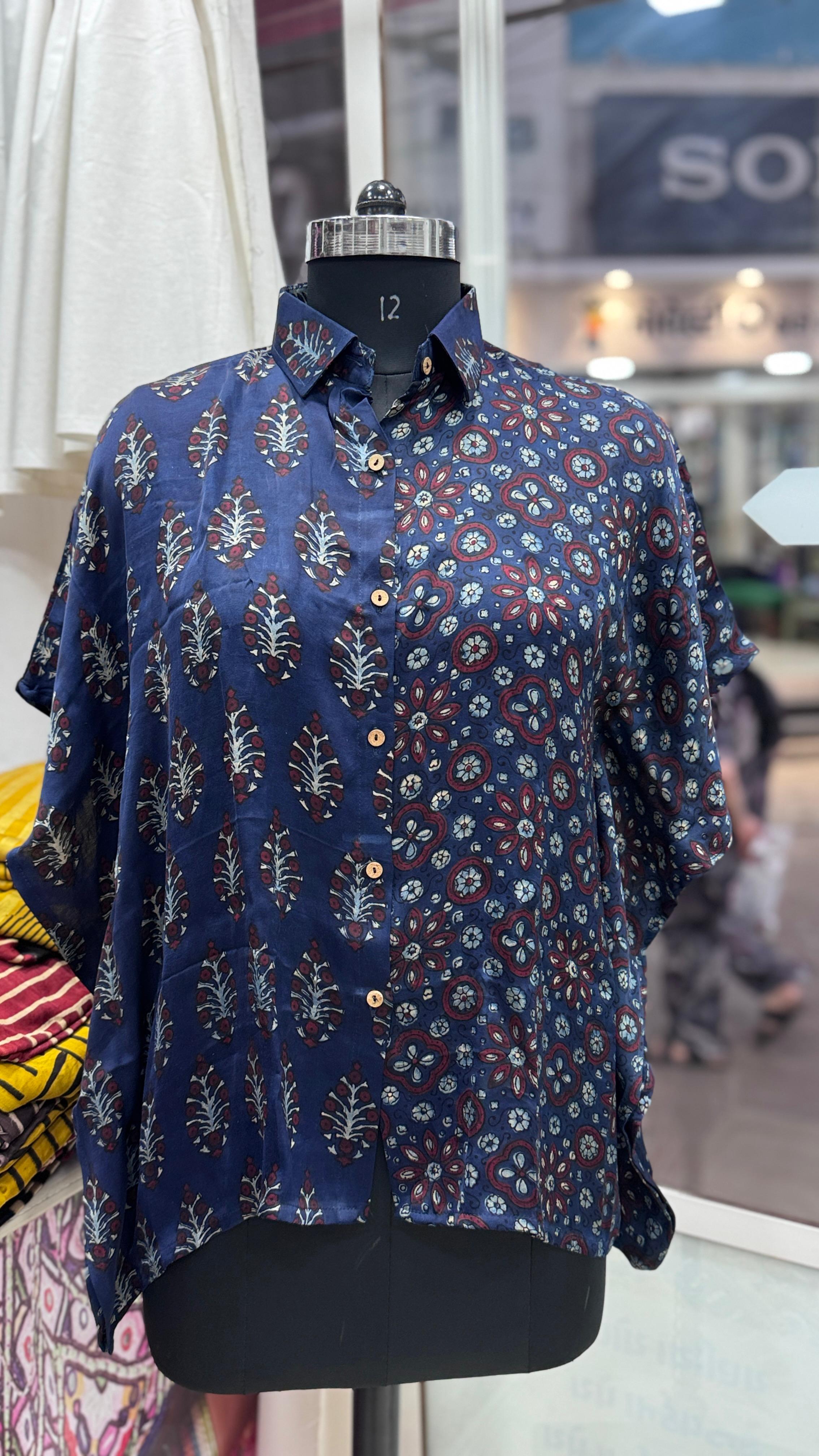 Navy Blue Modal Silk Kaftan Shirt (half & half design) from Kutch Poshak