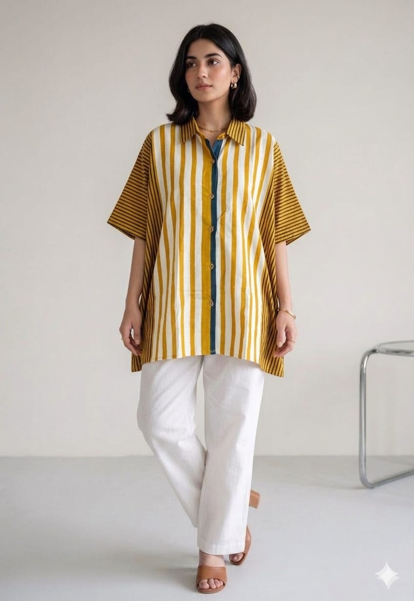 Mustard Yellow Cotton kaftan shirt from Kutch Poshak