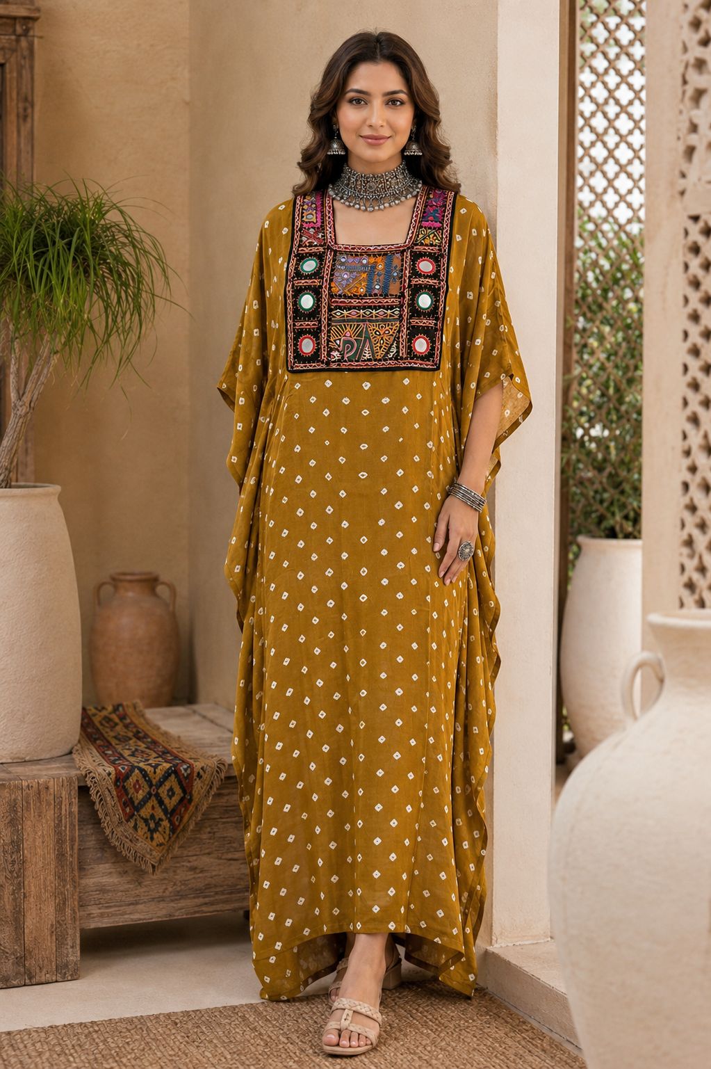 Modal Silk Bandhej Vintage patch Kaftan