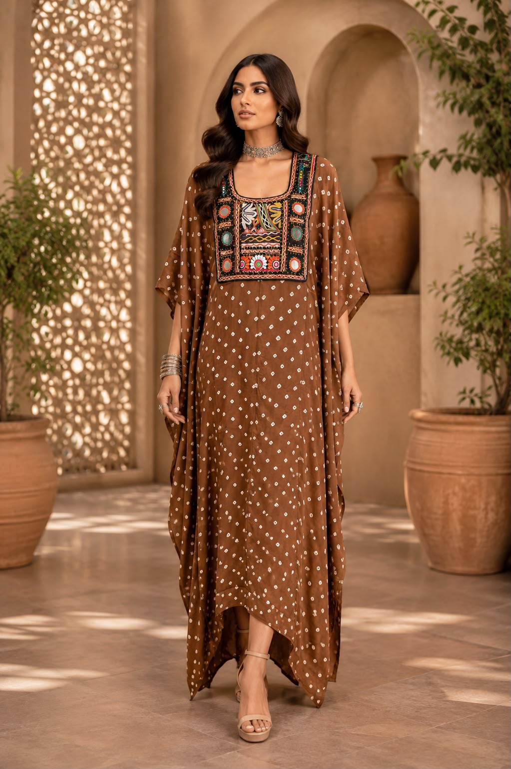 Modal Silk Bandhej Vintage patch Kaftan