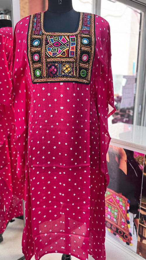 Modal Silk Bandhej Vintage patch Kaftan