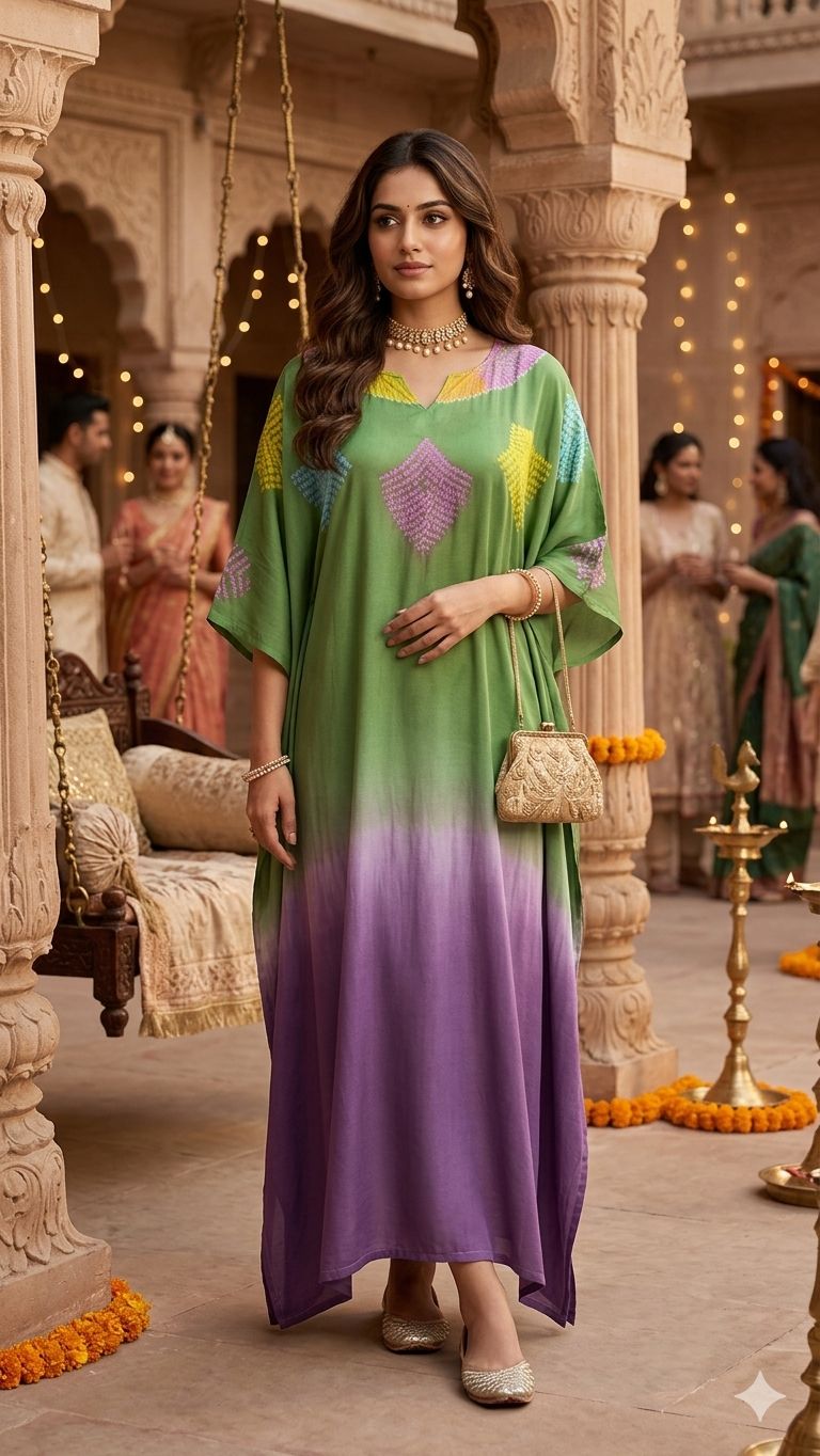 Close up of Pure modal silk multi stitched shibori kaftan (dual shade) - Kutch Poshak