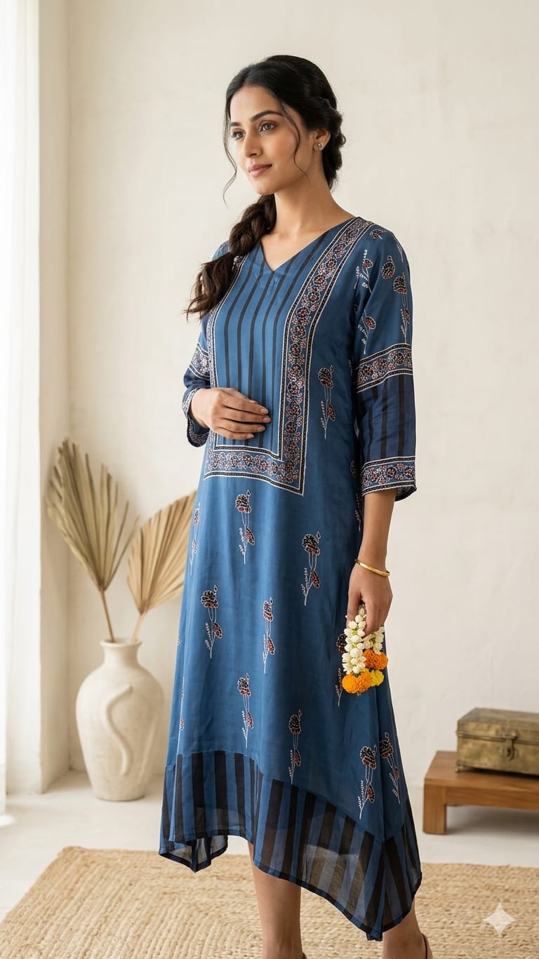 Navy Blue Pure Modal Silk Designer ajrakh handblock kurti from Kutch Poshak