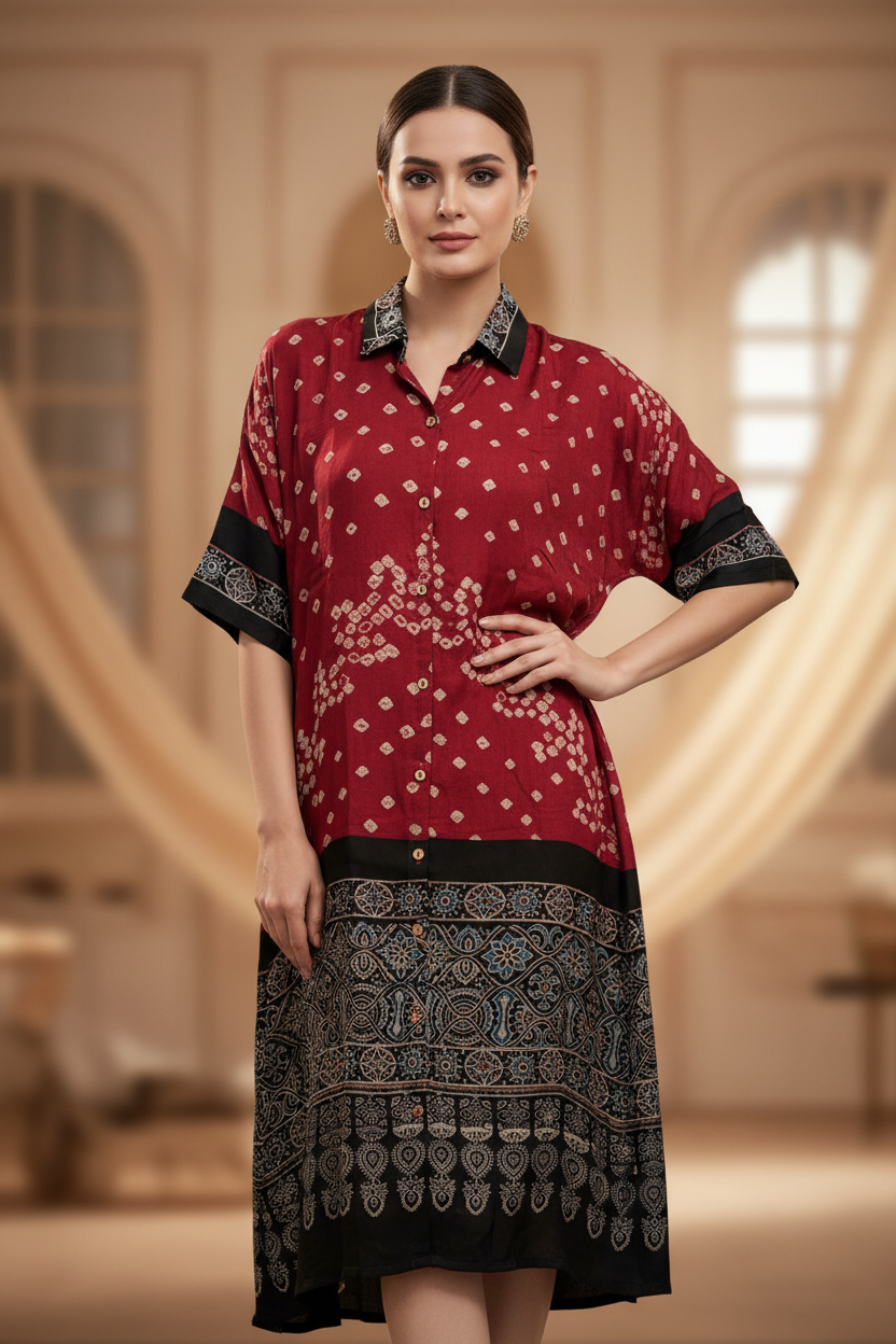 Bandhej×Ajrakh Long Shirt Kaftan