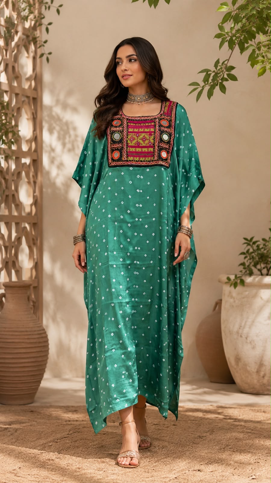 Modal Silk Bandhej Vintage patch Kaftan