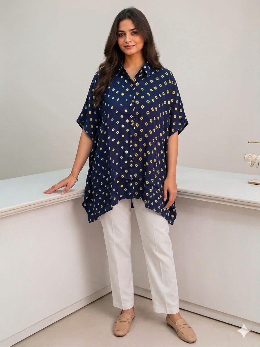 Modal Silk Bandhej Kaftan Shirt