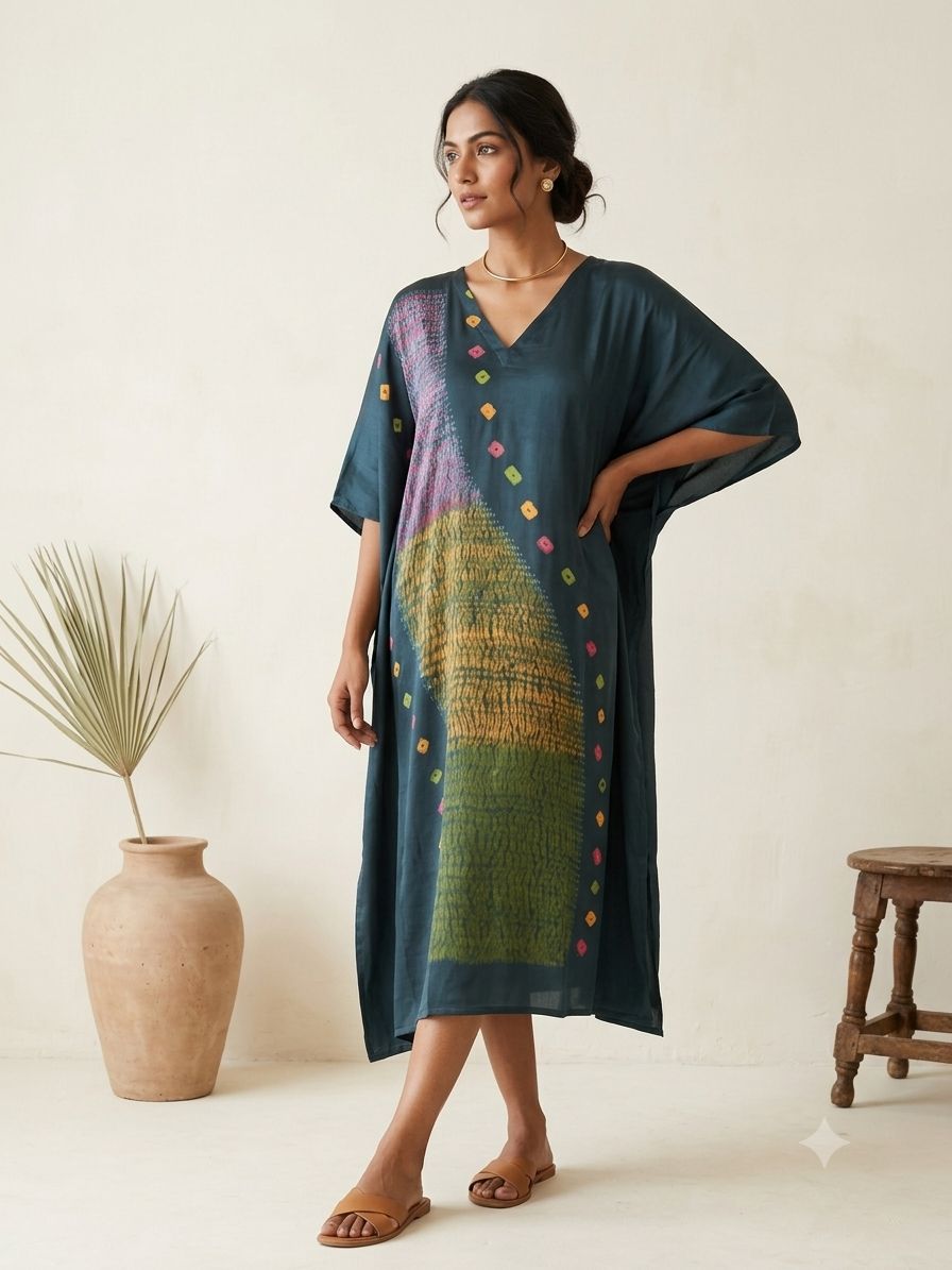 Multi Shibori V-neck Kaftan