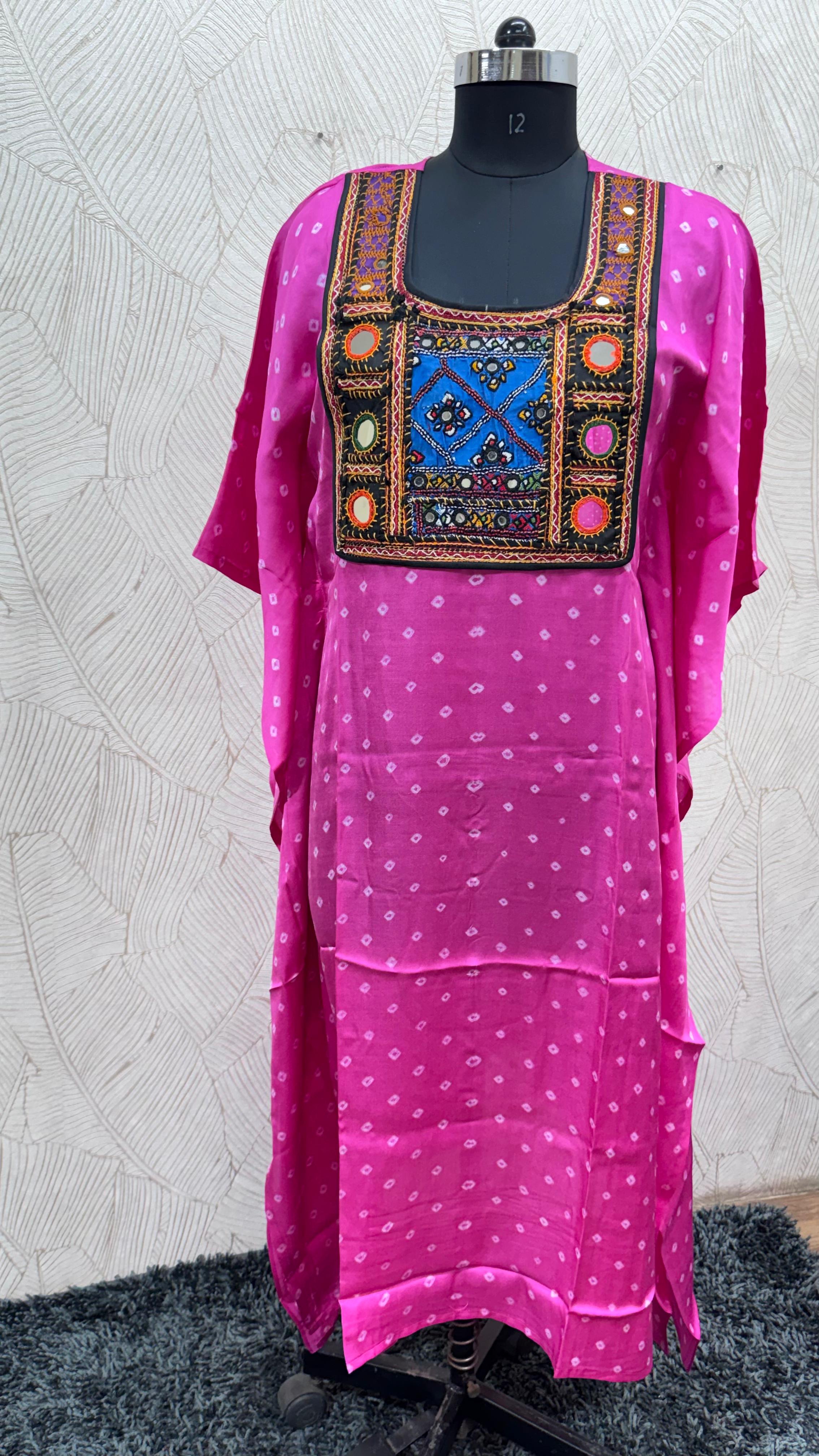Modal Silk Bandhej Vintage patch Kaftan
