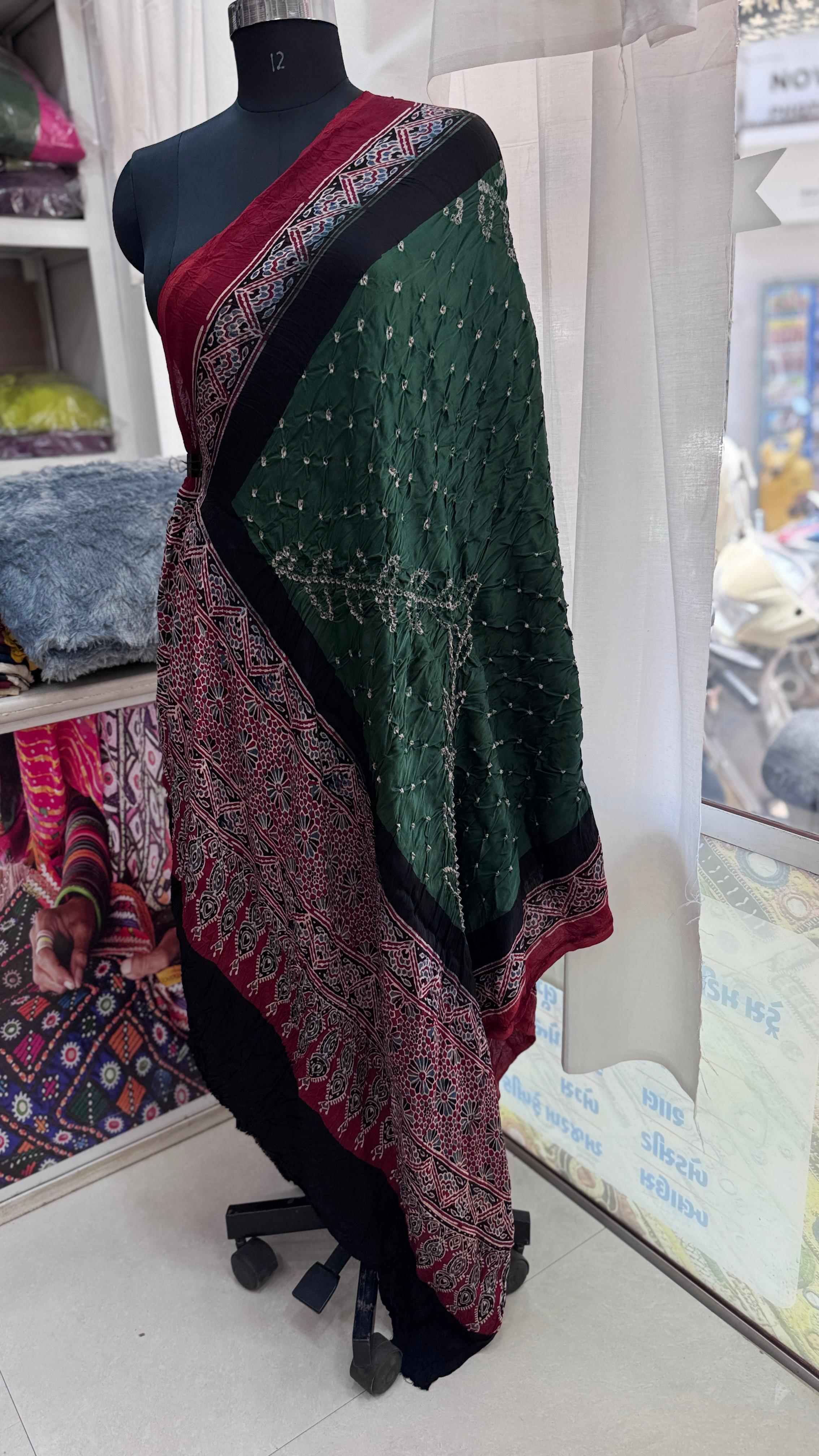 Close up of Pure modal silk bandhej with ajrakh dupatta - Kutch Poshak