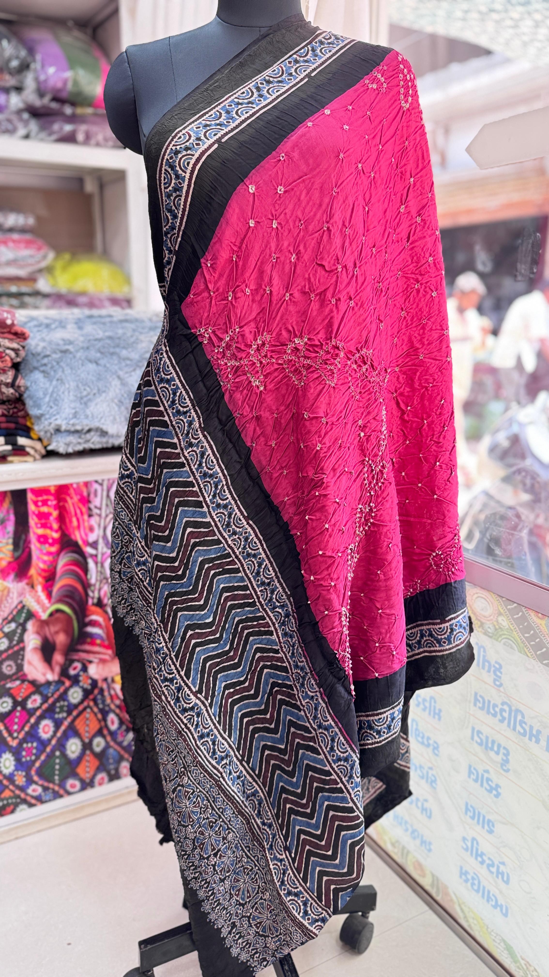 Hot Pink Pure modal silk bandhej with ajrakh dupatta from Kutch Poshak
