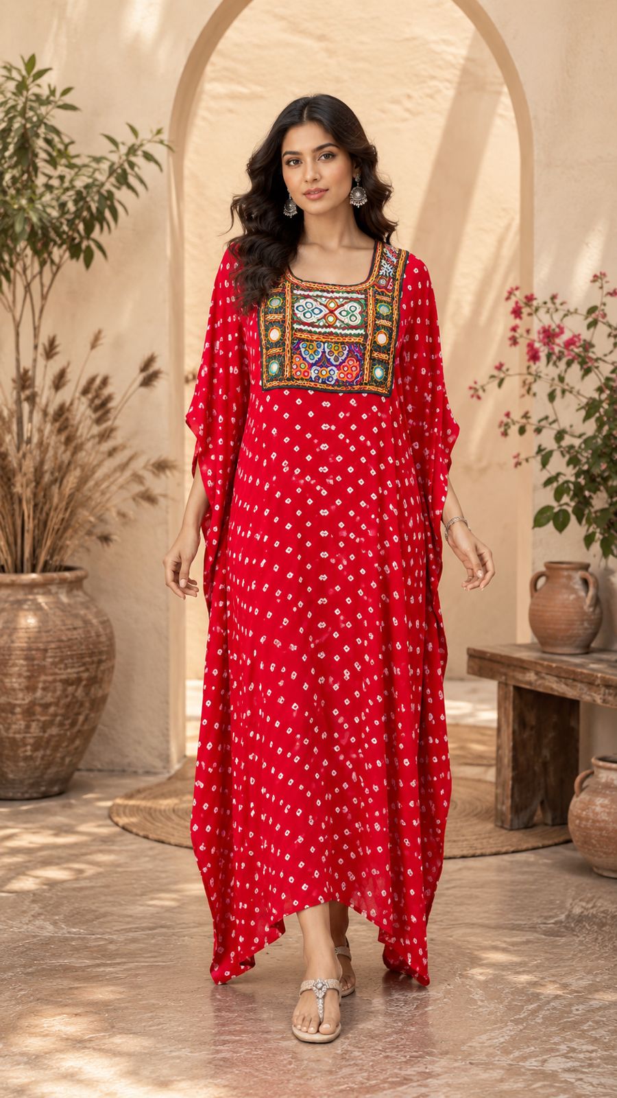 Modal Silk Bandhej Vintage patch Kaftan