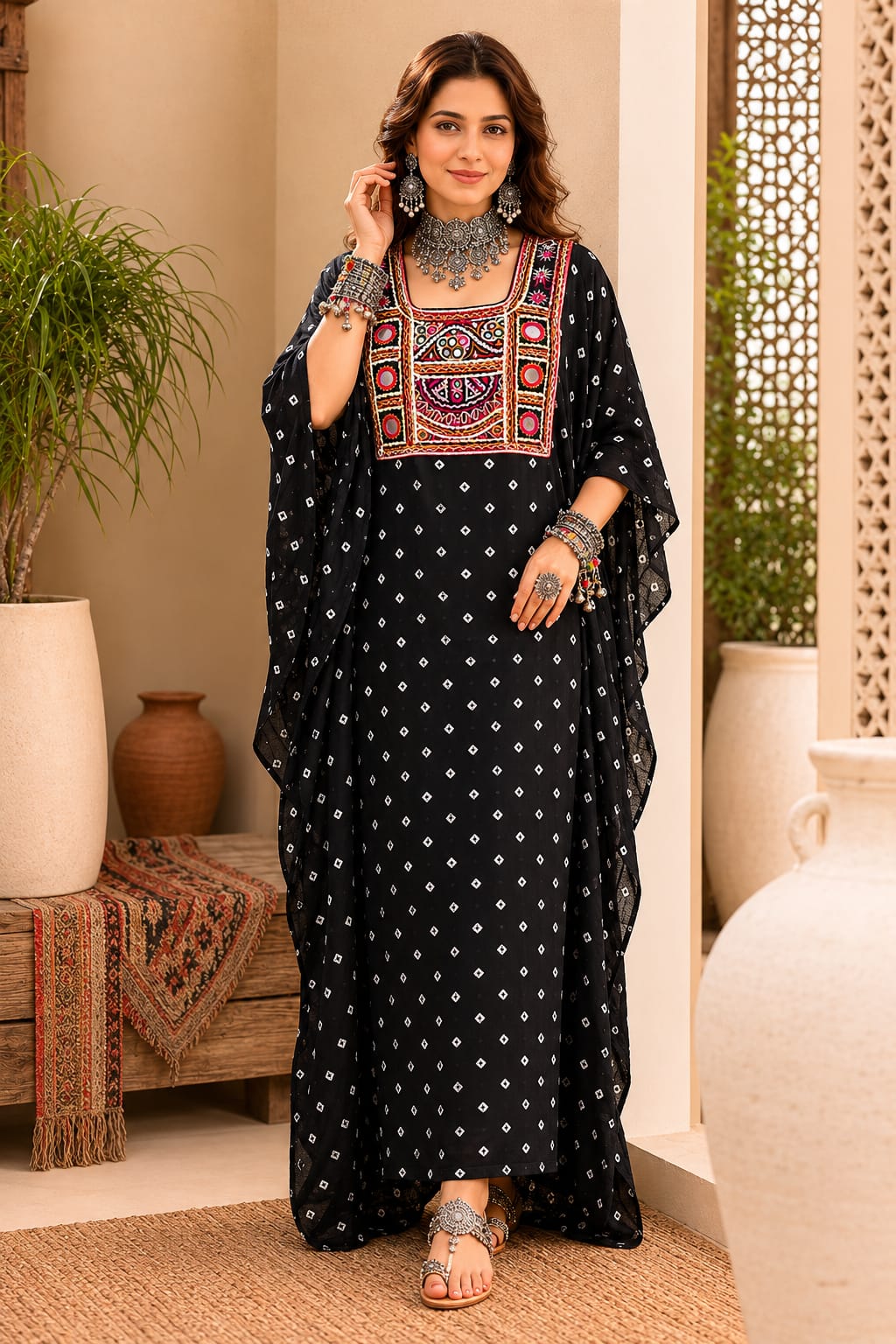Modal Silk Bandhej Vintage patch Kaftan