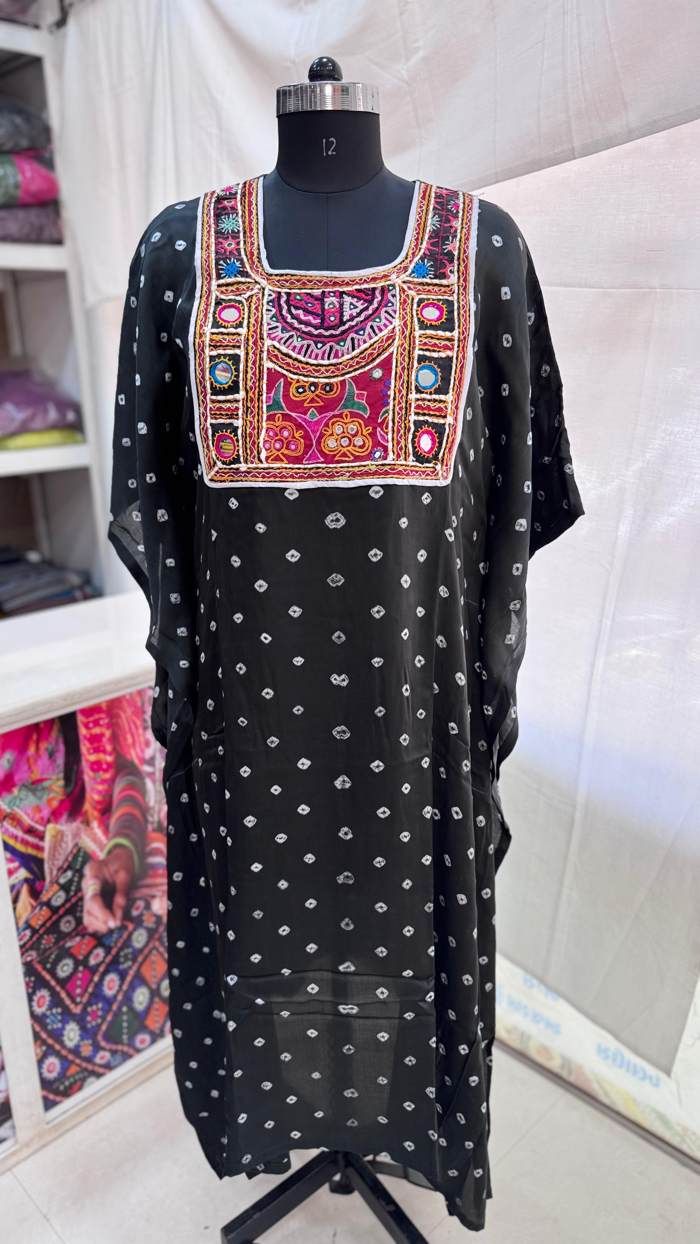 Modal Silk Bandhej Vintage patch Kaftan