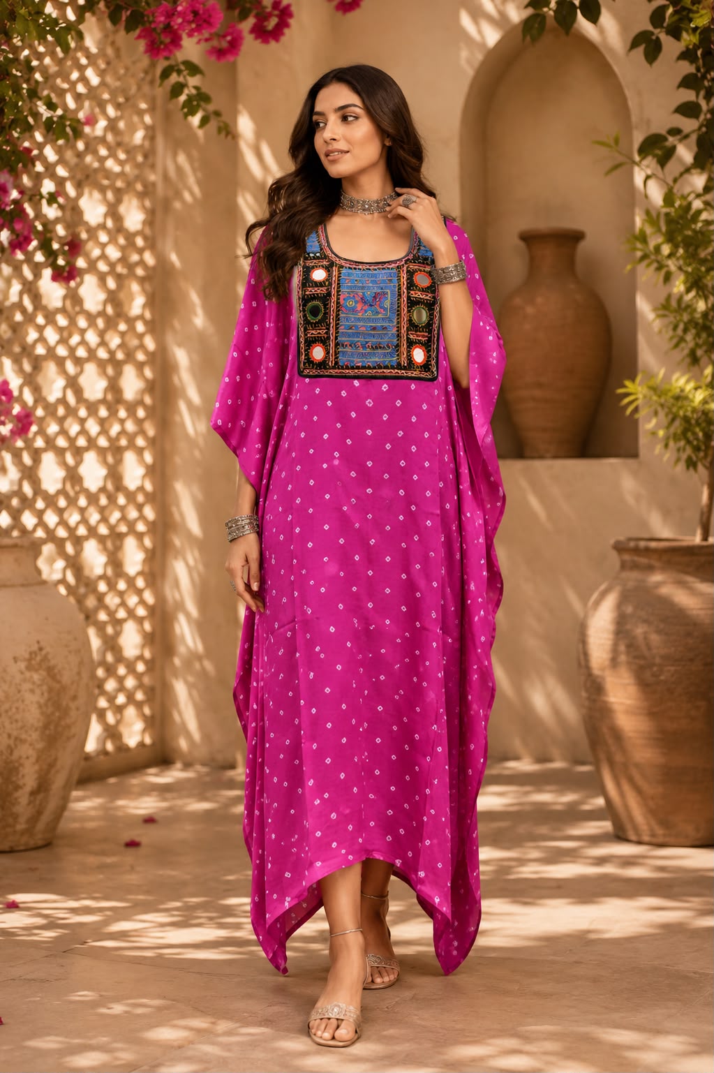 Modal Silk Bandhej Vintage patch Kaftan