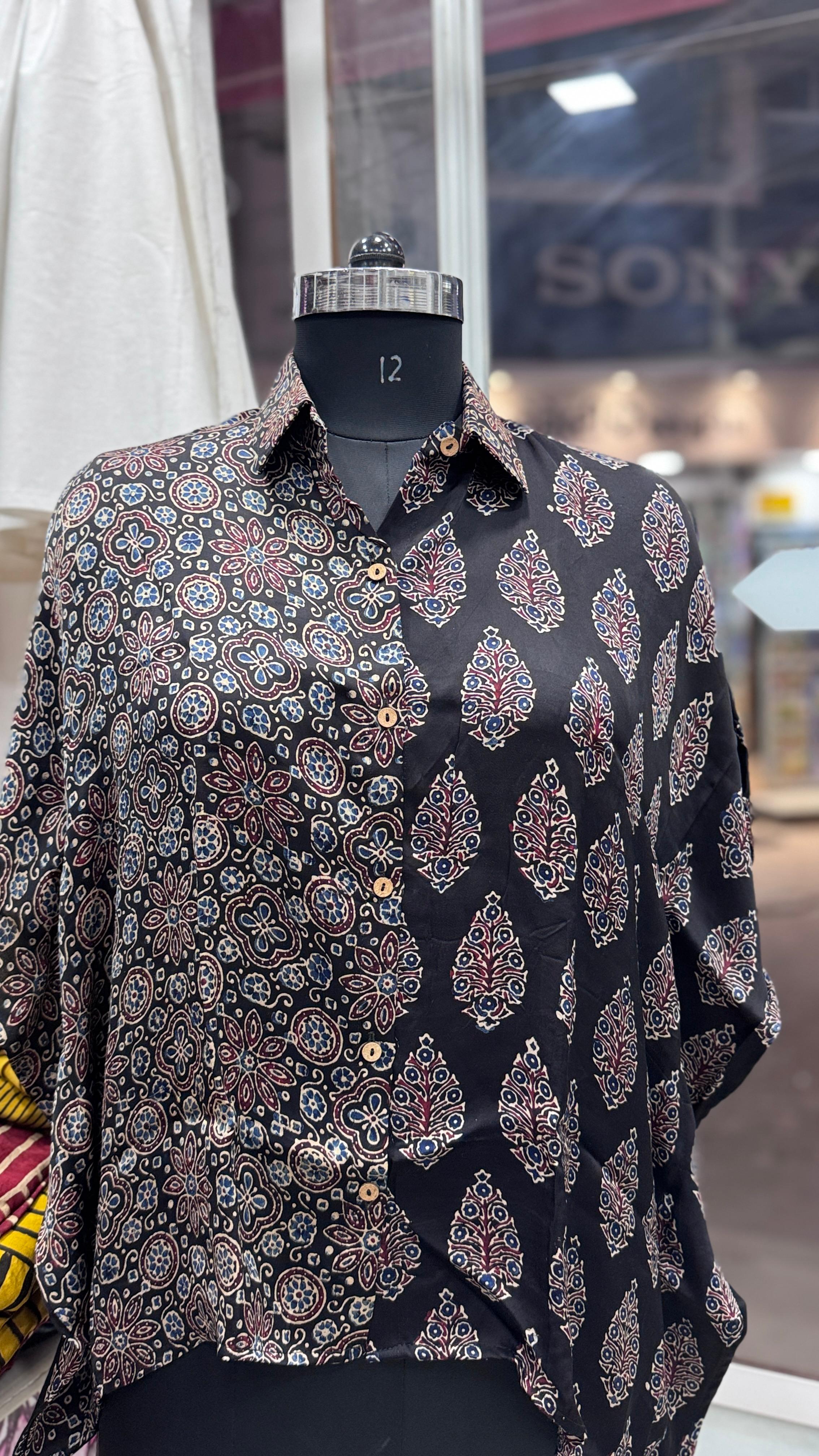 Close up of Modal silk kaftan Shirt (half & half design) - Kutch Poshak