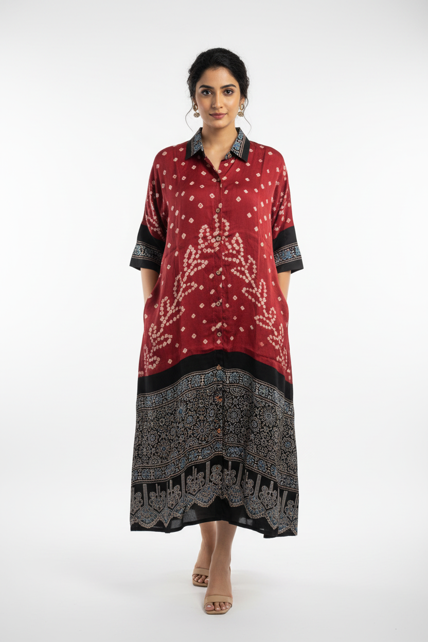 Bandhej×Ajrakh Long Shirt Kaftan